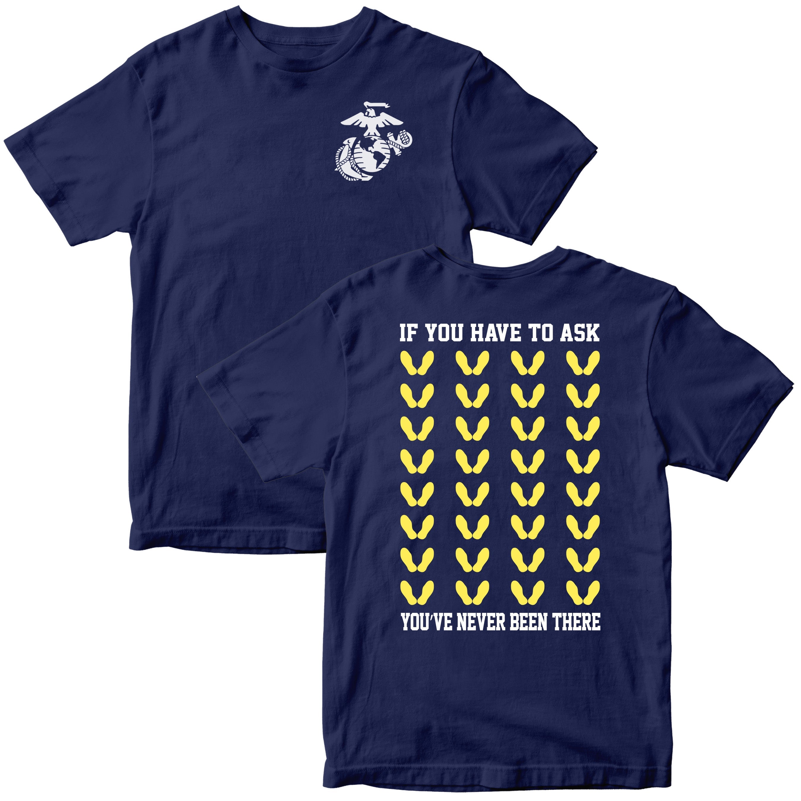 Navy Marine Corps t-shirt with white Eagle, Globe, and Anchor on front and yellow boot camp footprints with bold text on the back.