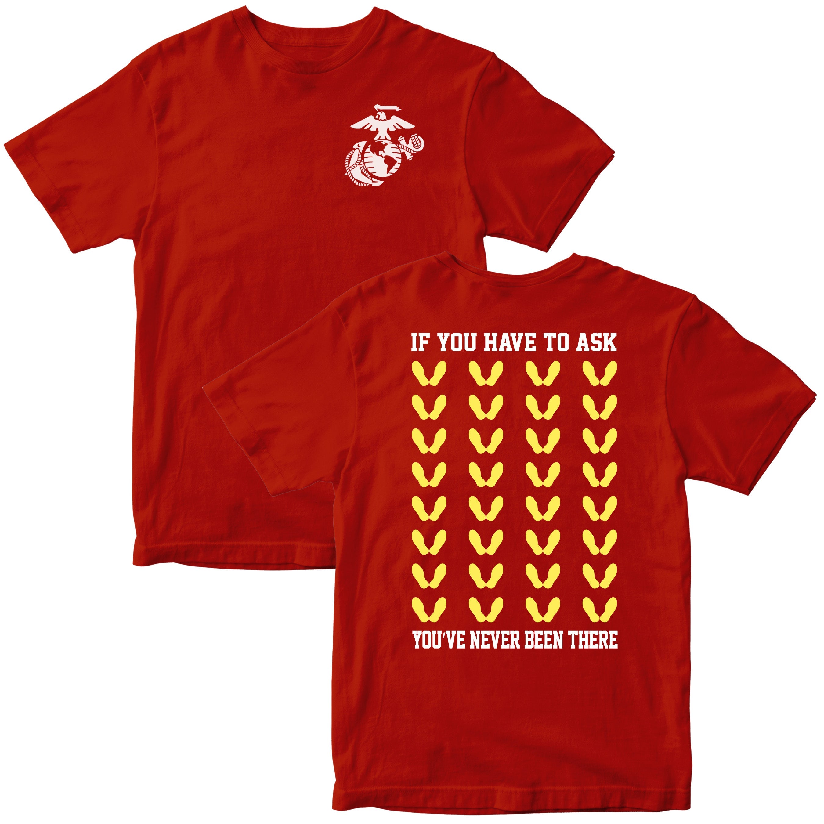 Red Marine Corps t-shirt with white Eagle, Globe, and Anchor on front and yellow boot camp footprints with bold text on the back.