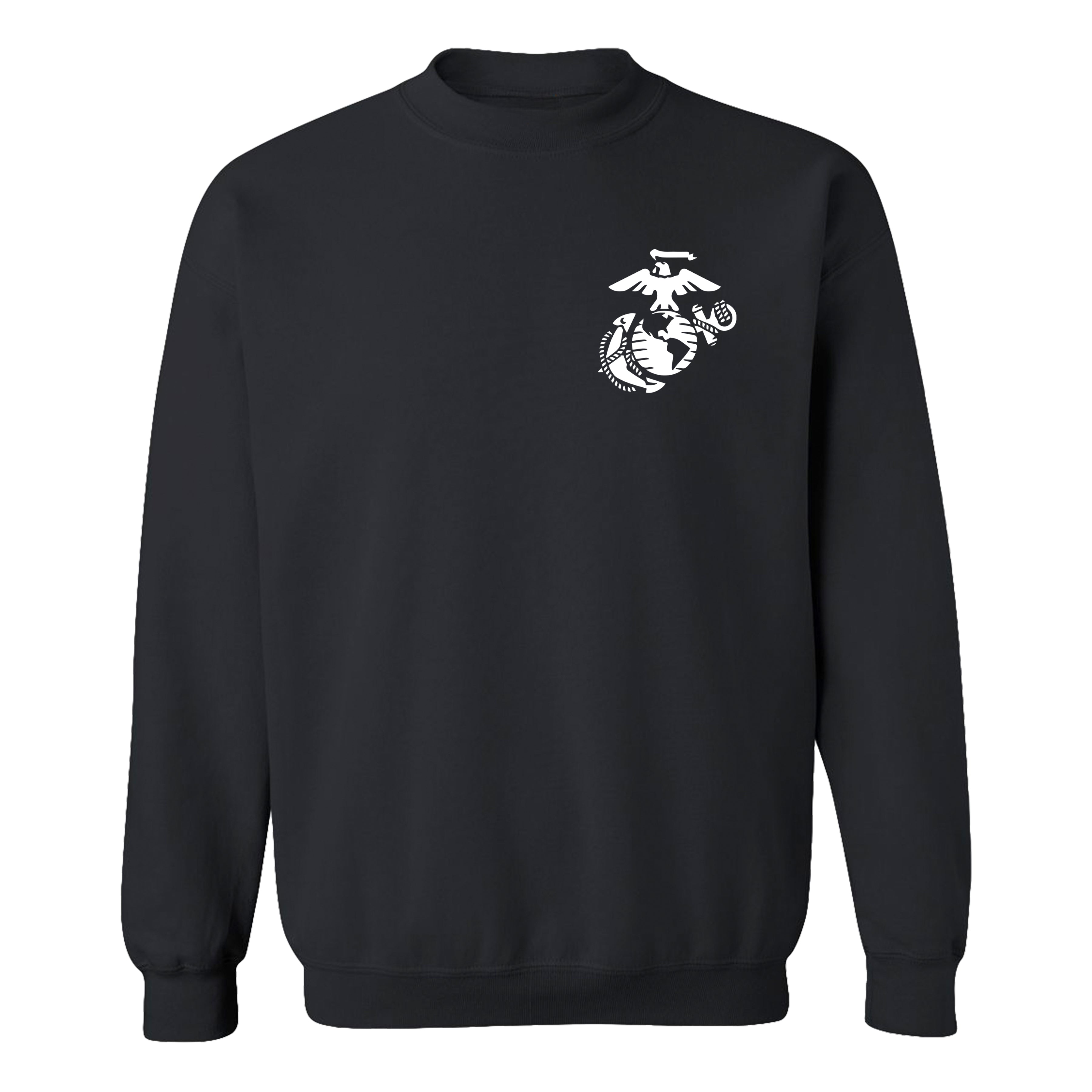 Black Marine Corps sweatshirt with white Eagle, Globe, and Anchor on front