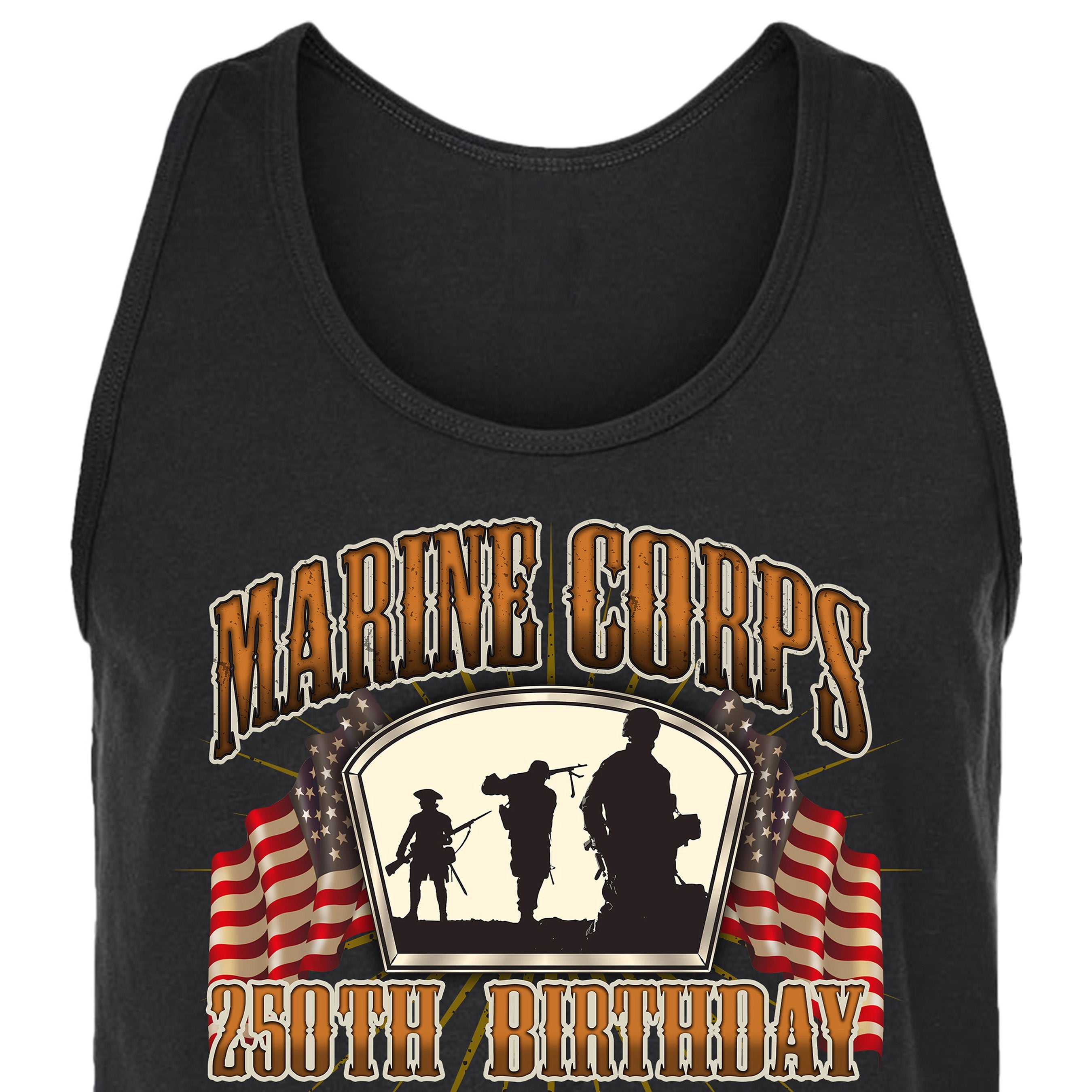 Men’s USMC 250th Birthday tank top featuring silhouettes of Marines, American flags, Eagle Globe and Anchor emblem, and bold text 'Marine Corps 250th Birthday 1775–2025' in patriotic design.