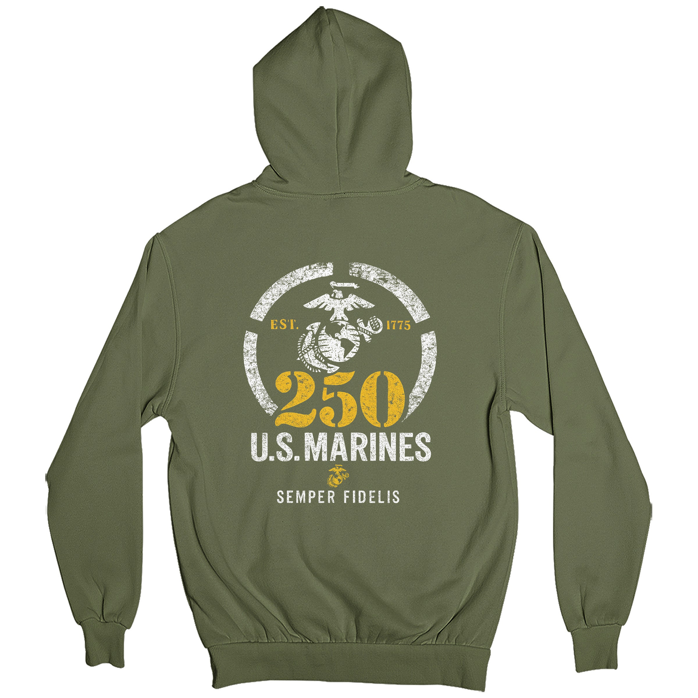 USMC 250th Birthday hoodie featuring a distressed EGA inside a circle, bold gold '250,' 'U.S. Marines,' and motto 'Semper Fidelis' with 'Est. 1775' text