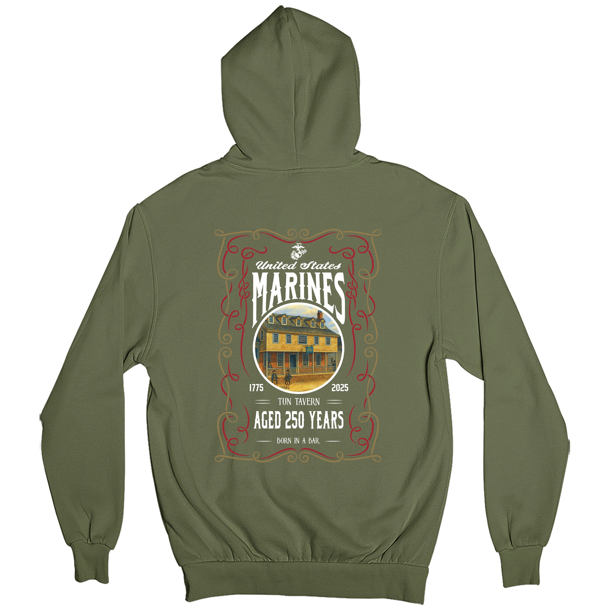 USMC 250th Birthday hoodie featuring large back design with Tun Tavern illustration, ornate frame, and text 'United States Marines – Aged 250 Years – Born in a Bar – 1775–2025