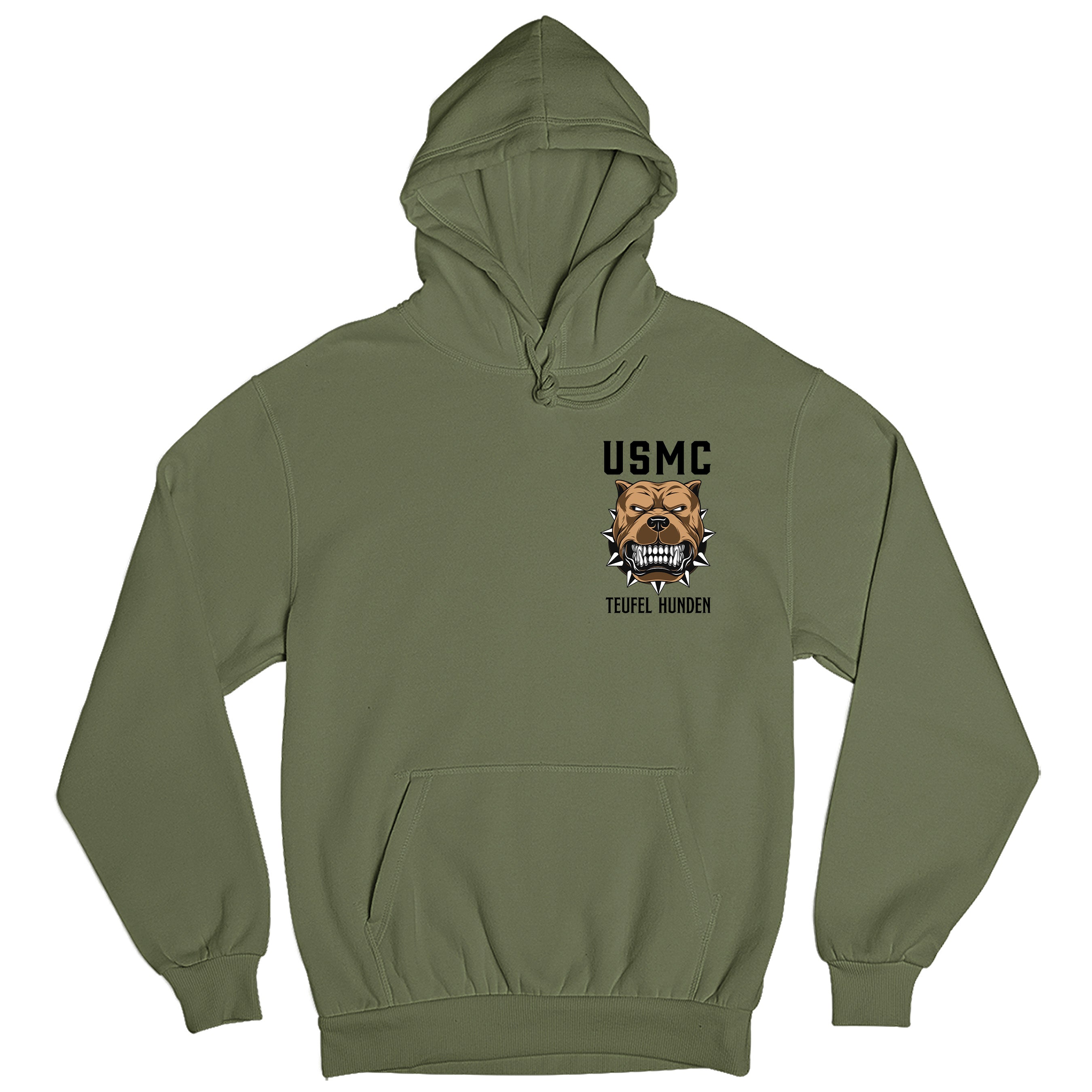 Green USMC Hoodie with left-chest bulldog graphic