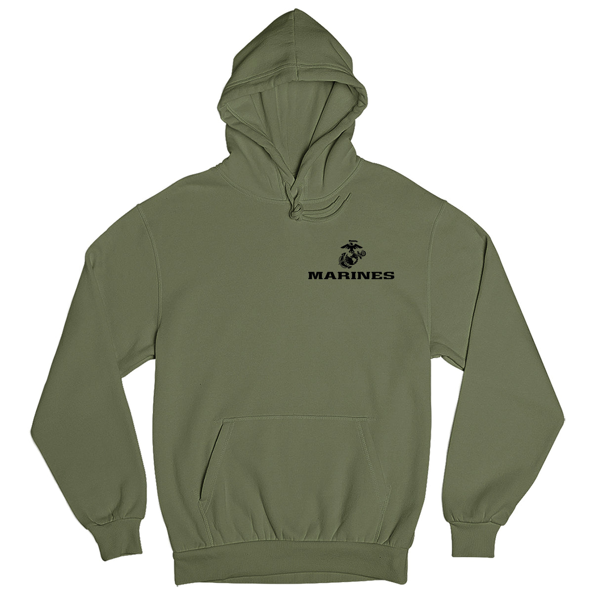 Green USMC hoodie with Eagle Globe Anchor chest seal and MARINES text