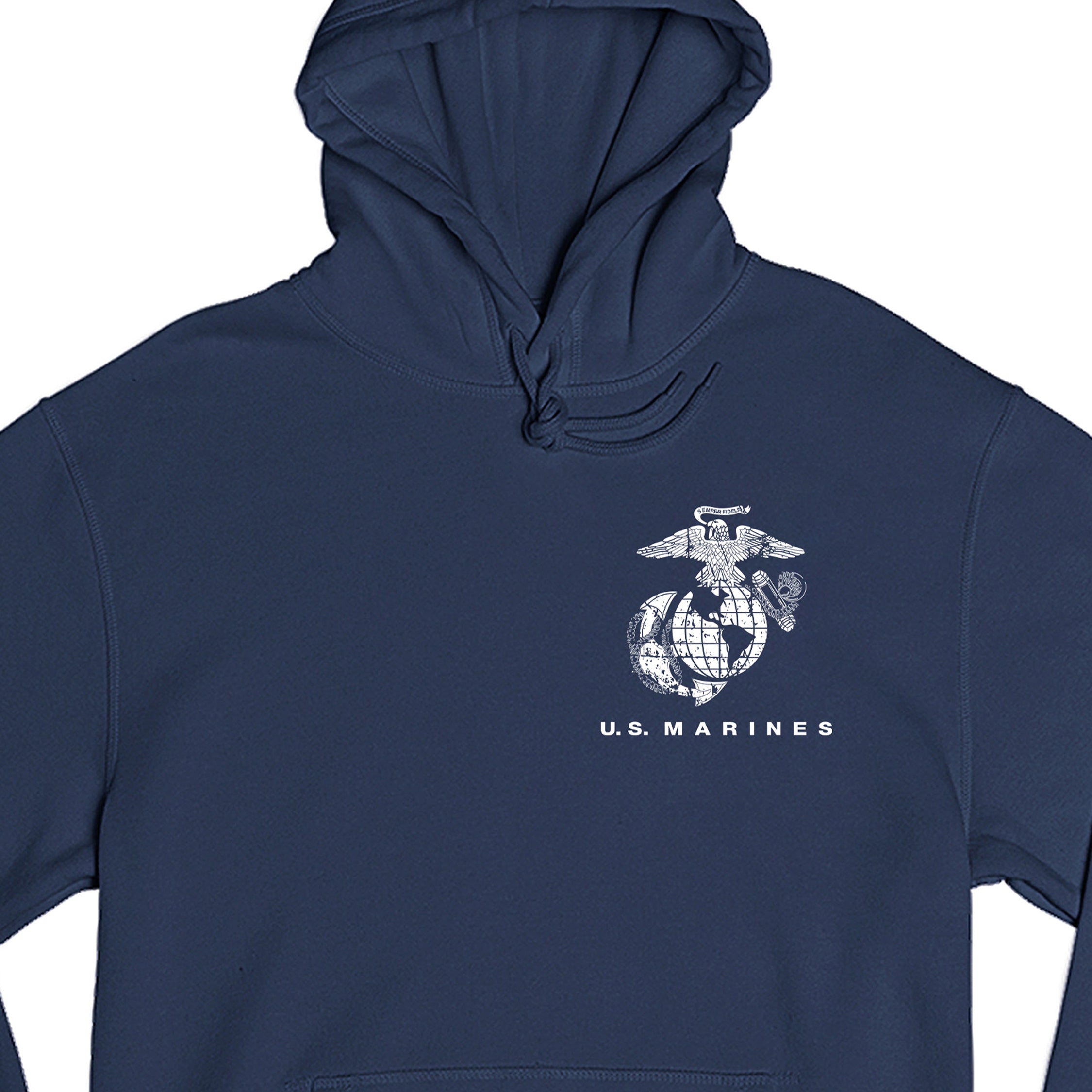Navy USMC hoodie with Eagle Globe Anchor chest emblem