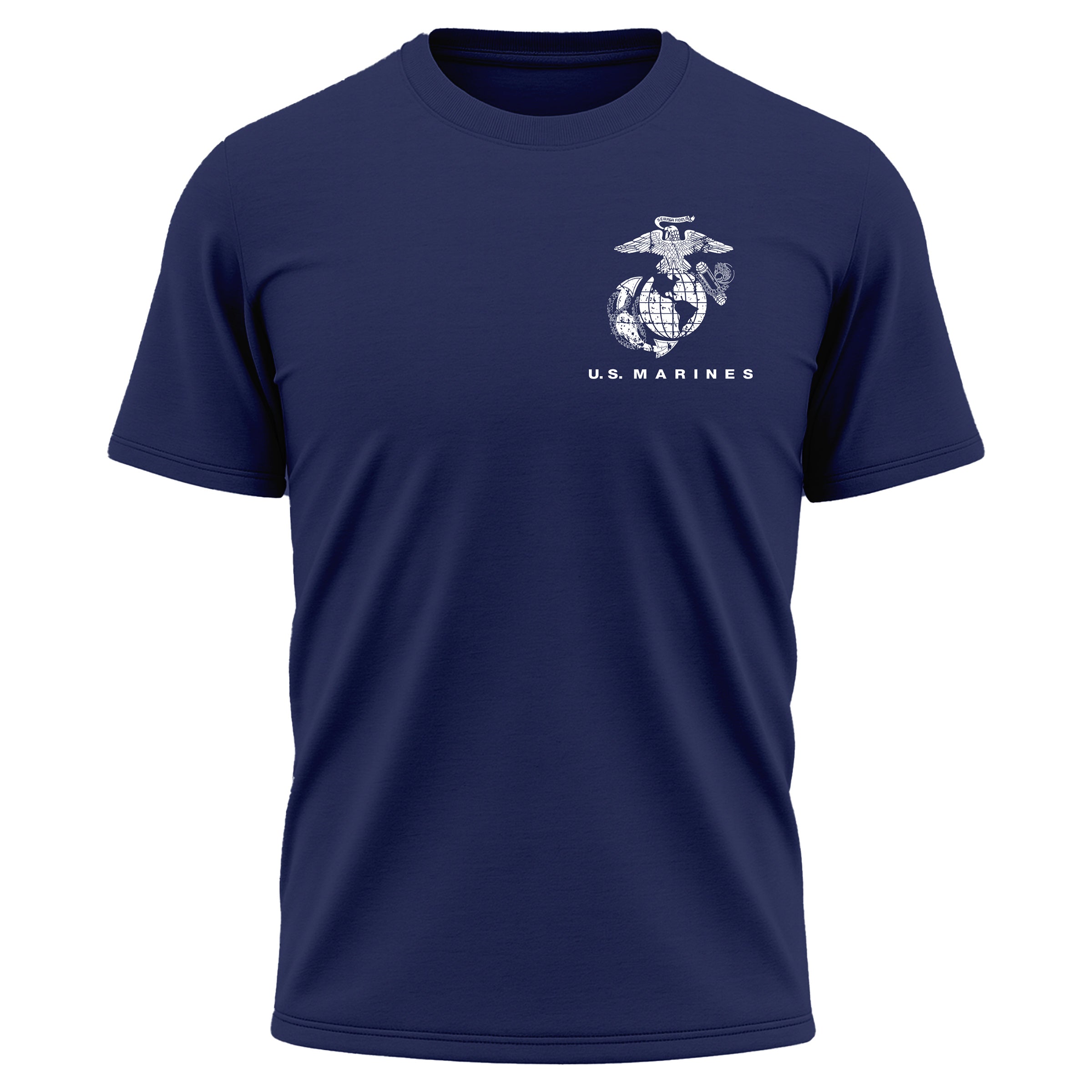 USMC Global Guardians performance T-shirt with Eagle Globe and Anchor and U.S. Marines chest graphic. Marines navy blue performance tee. USMC activewear