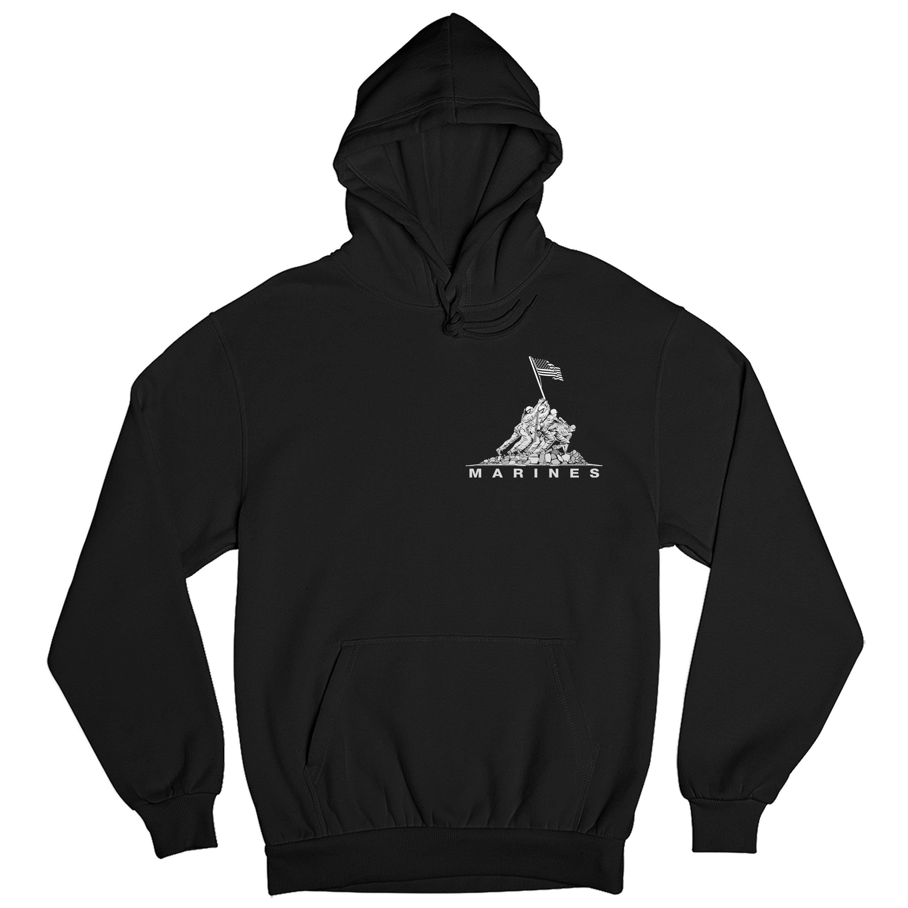 Black USMC hoodie with Iwo Jima flag raising chest graphic