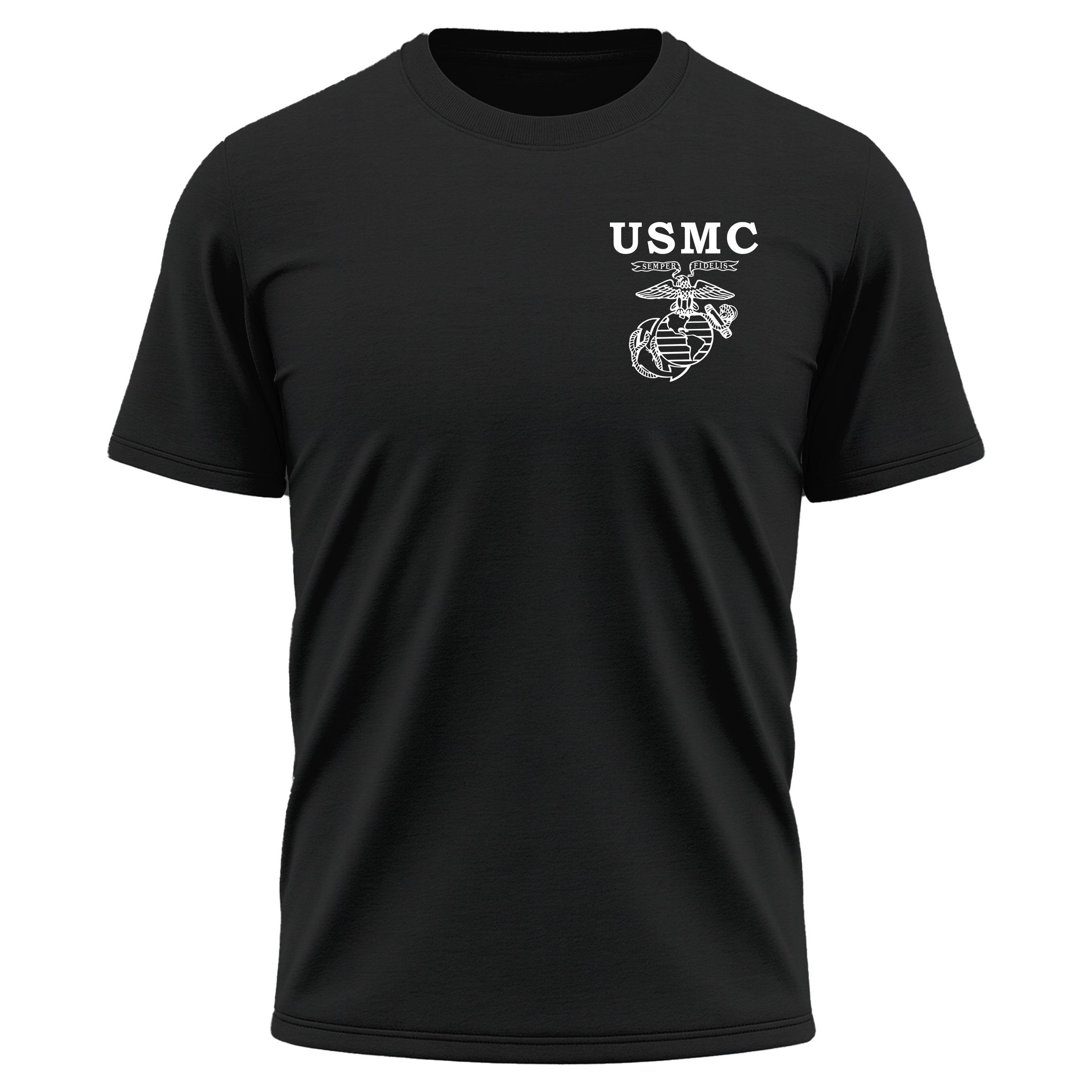 USMC Old School EGA performance T-shirt with Semper Fidelis Eagle Globe and Anchor chest. Marines black Performance Tee. USMC Activewear