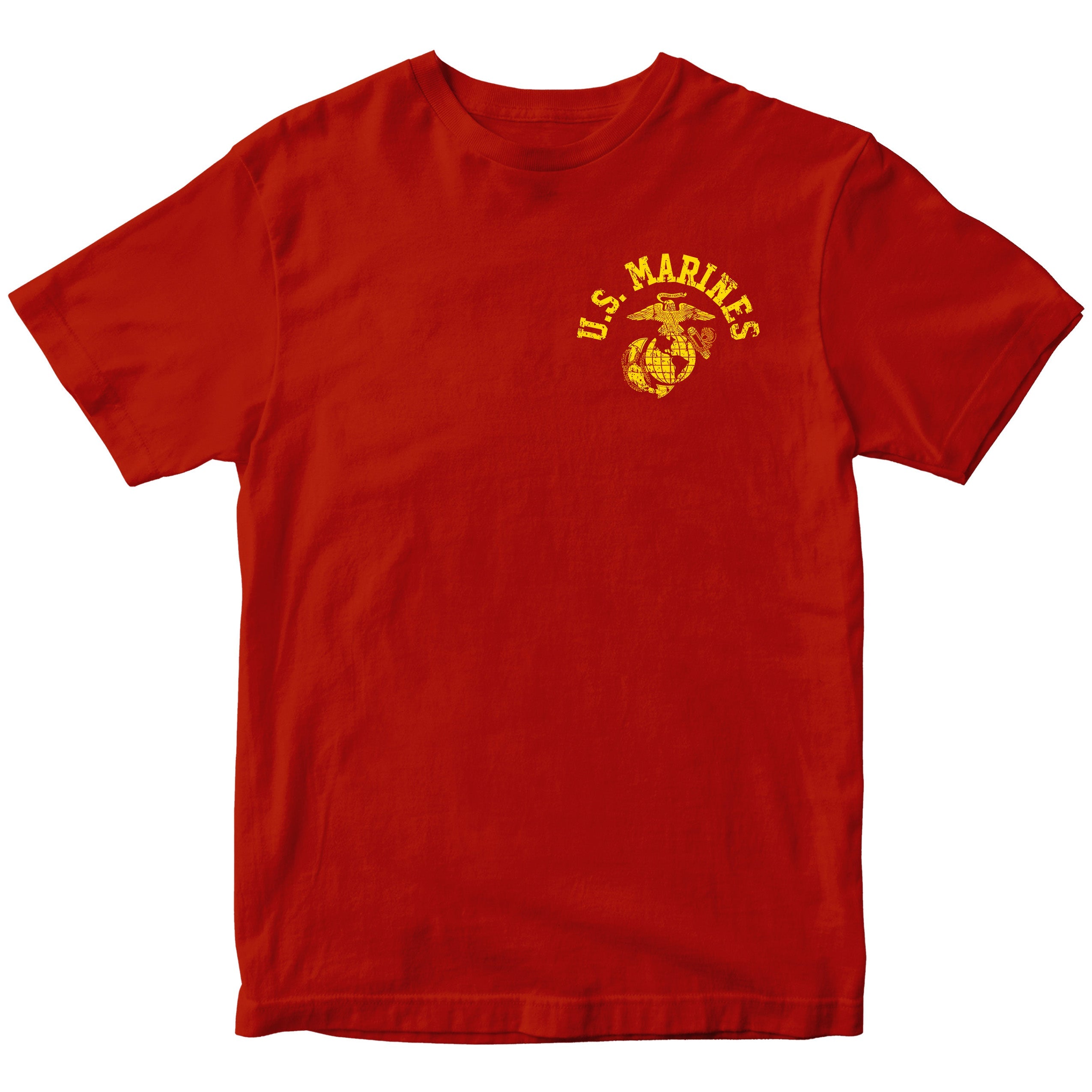 red Marine Corps PT-style T-shirt featuring a small left-chest U.S. Marines arch and EGA emblem. USMC Tee