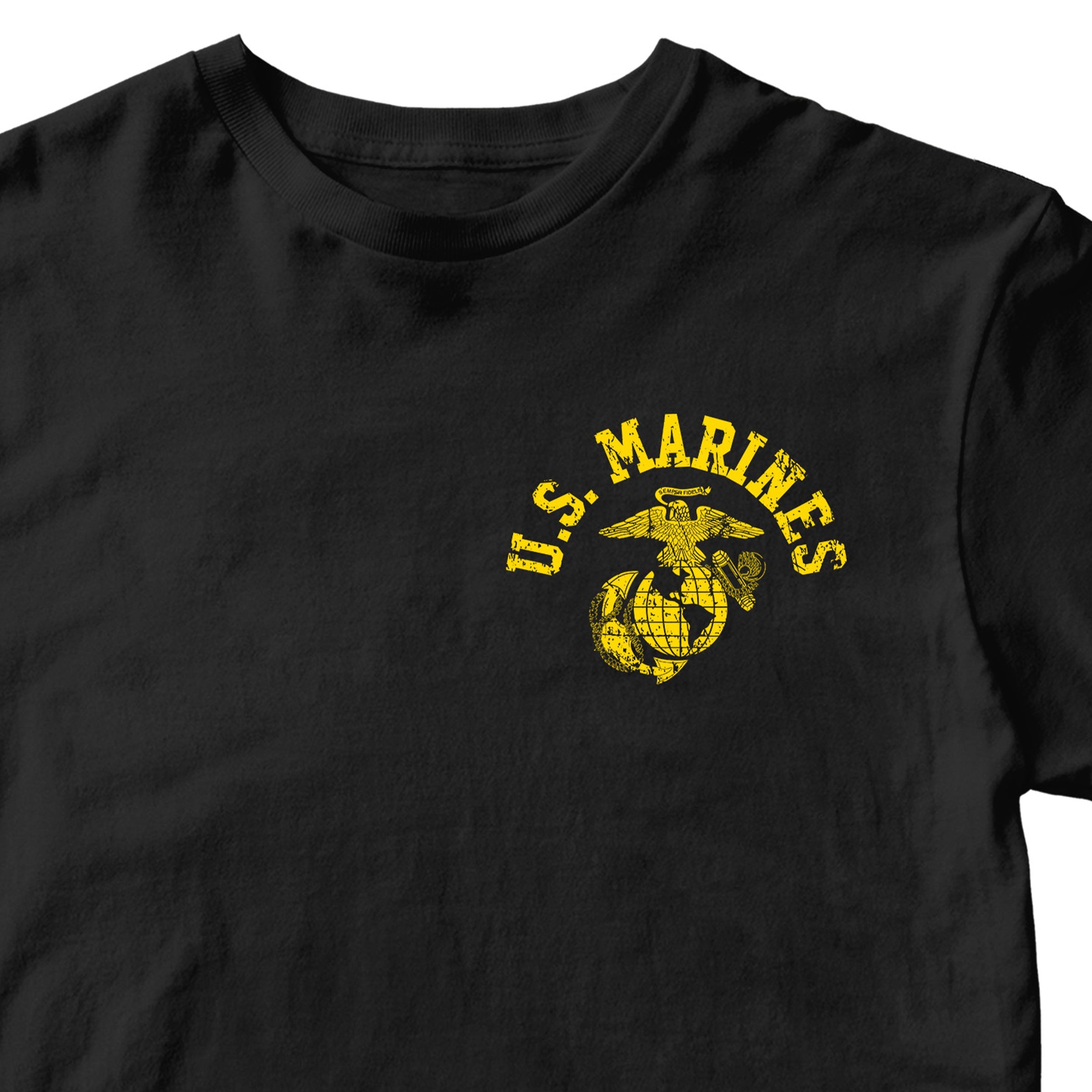 Black Marine Corps PT-style T-shirt featuring a small left-chest U.S. Marines arch and EGA emblem. USMC Tee