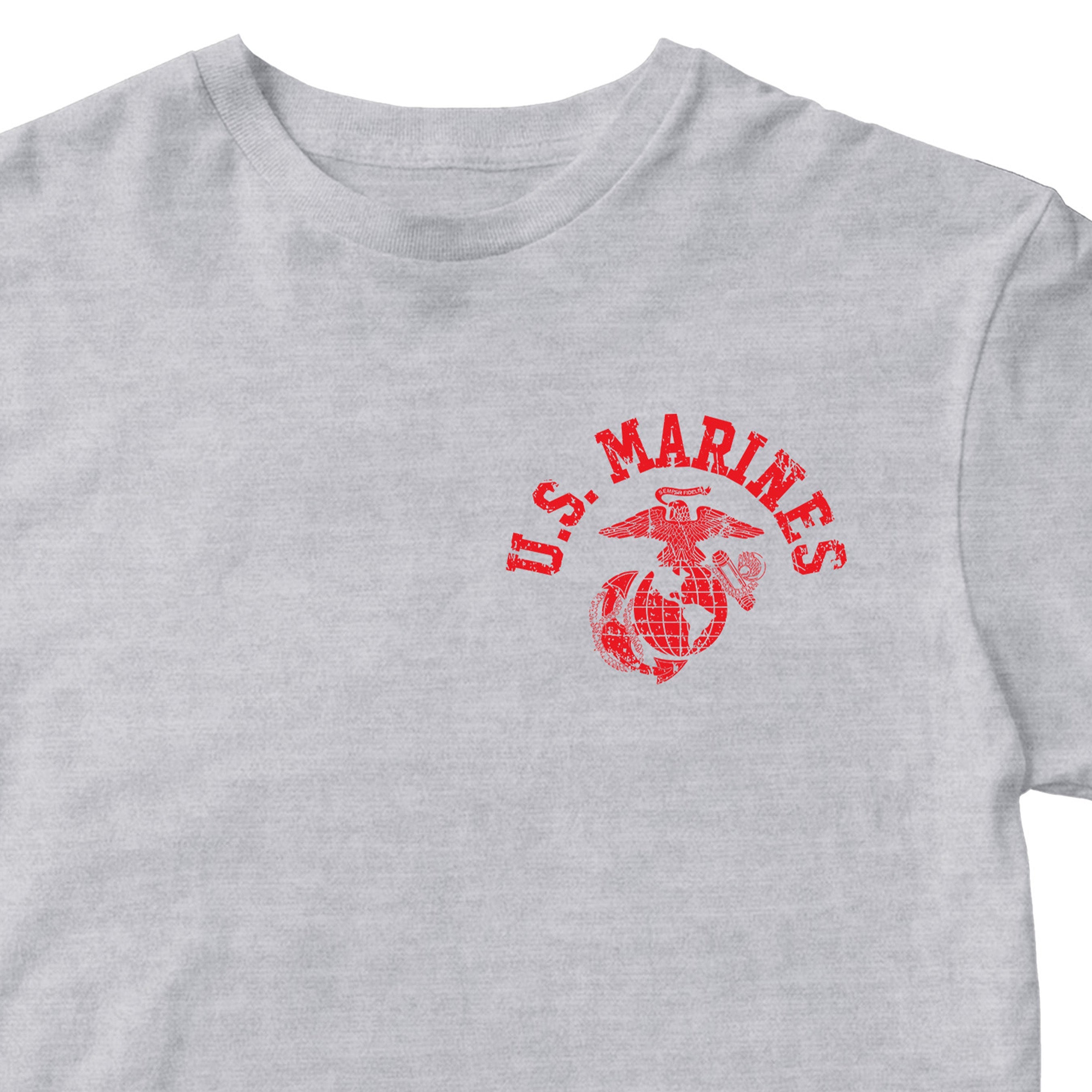 Grey Marine Corps PT-style T-shirt featuring a small left-chest U.S. Marines arch and EGA emblem. USMC Tee