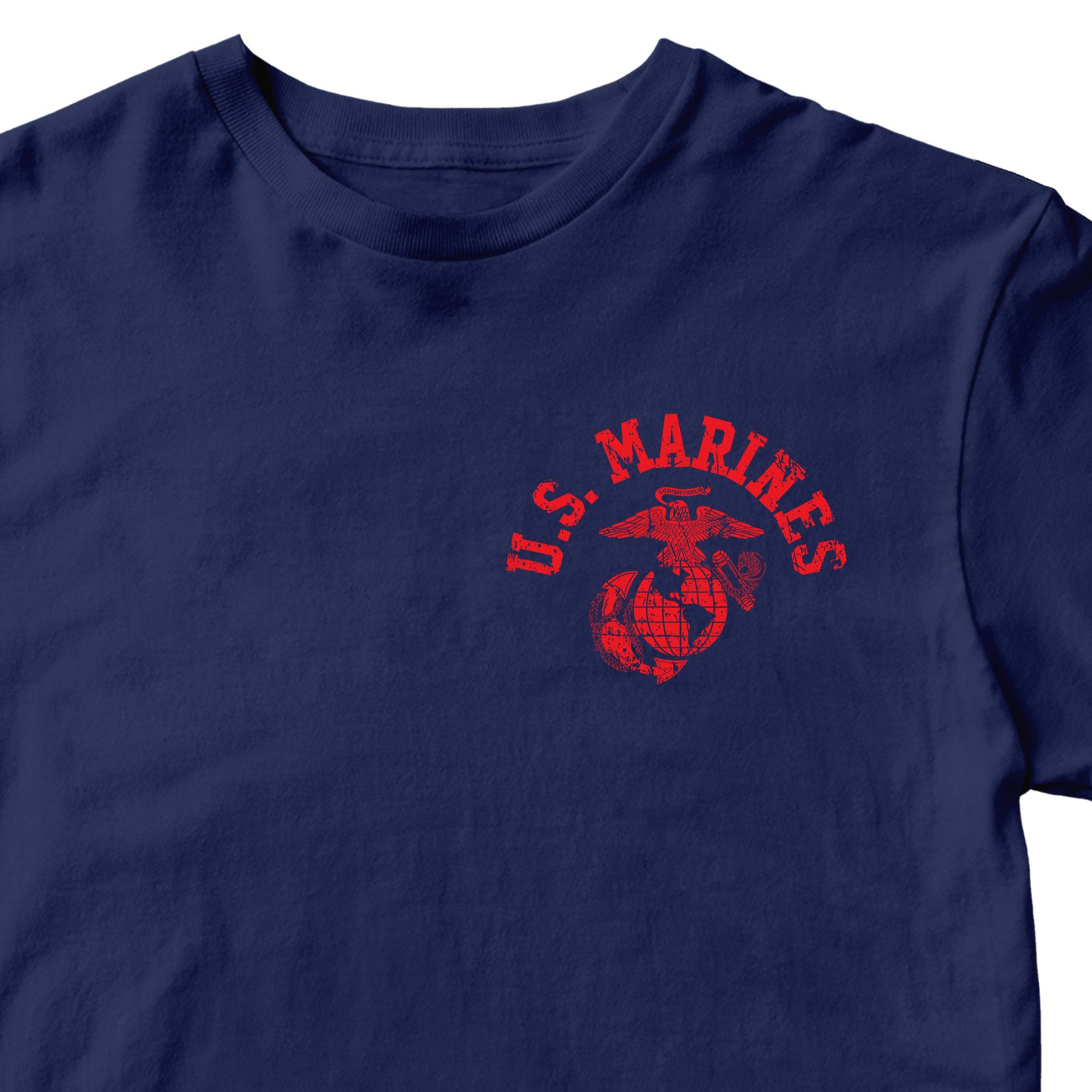 Navy Blue Marine Corps PT-style T-shirt featuring a small left-chest U.S. Marines arch and EGA emblem. USMC Tee