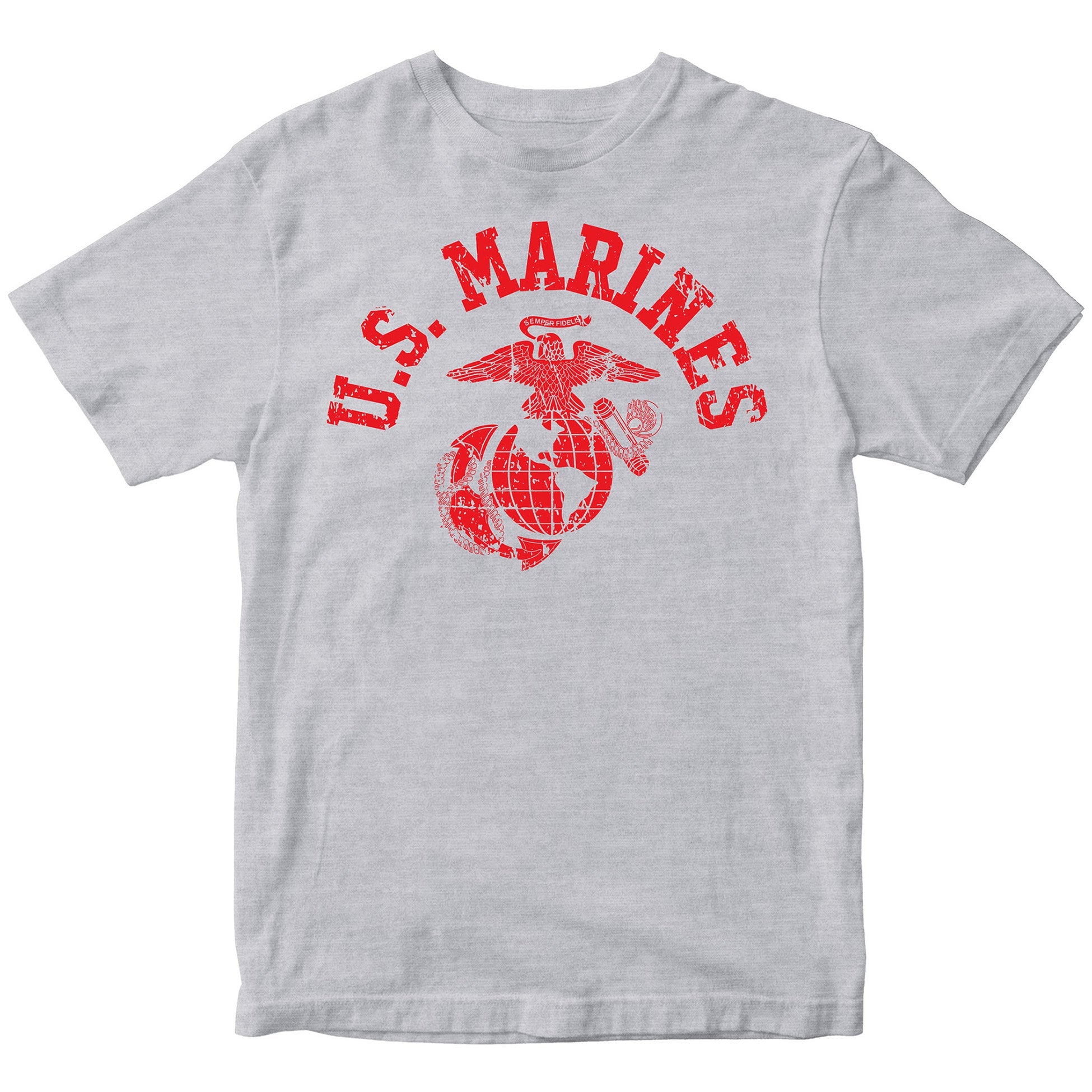 Gray U.S. Marines T-shirt with large full-front vintage ‘U.S. Marines’ arch and Eagle, Globe, and Anchor emblem. USMC Tee