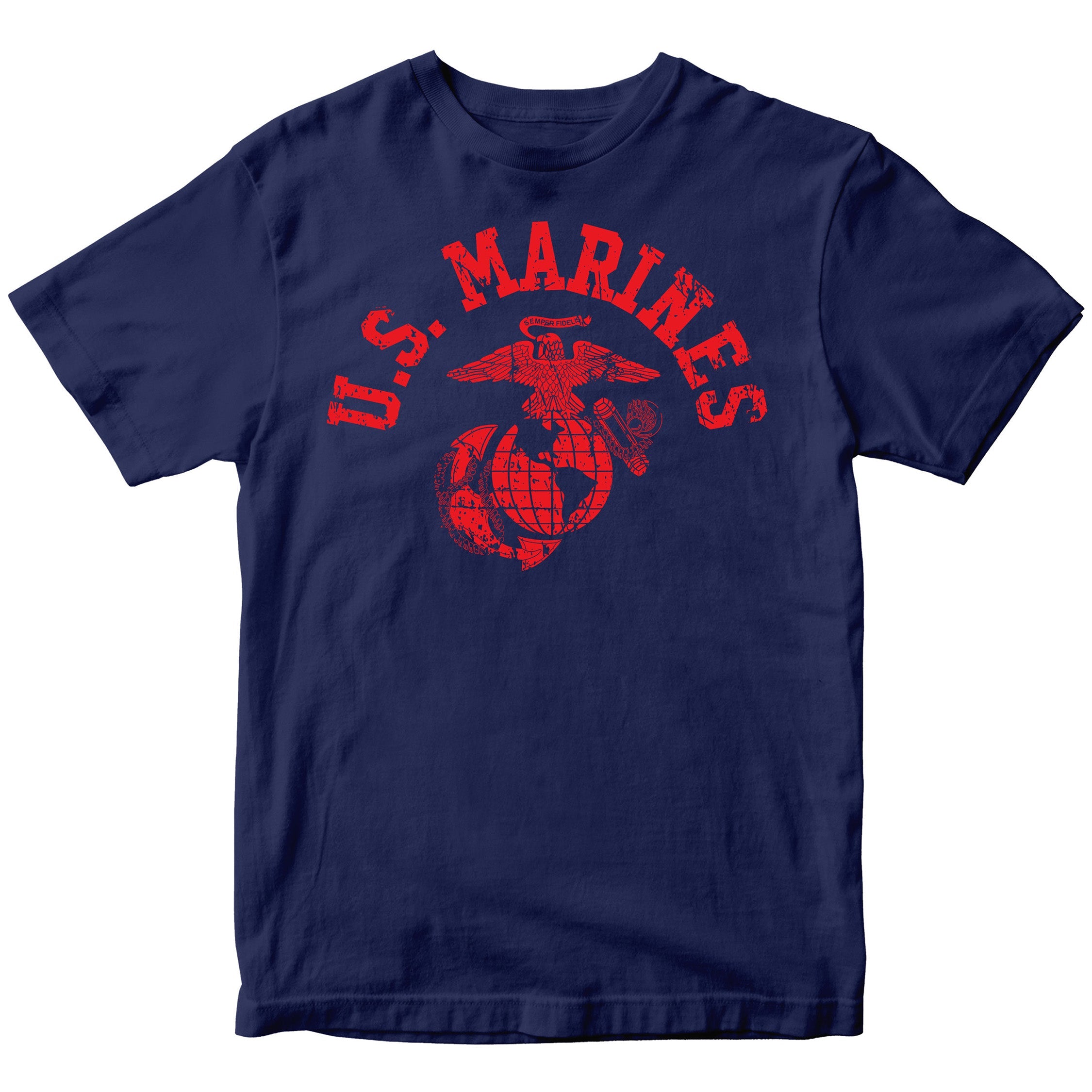 Navy & Red U.S. Marines T-shirt with large full-front vintage ‘U.S. Marines’ arch and Eagle, Globe, and Anchor emblem. USMC Tee