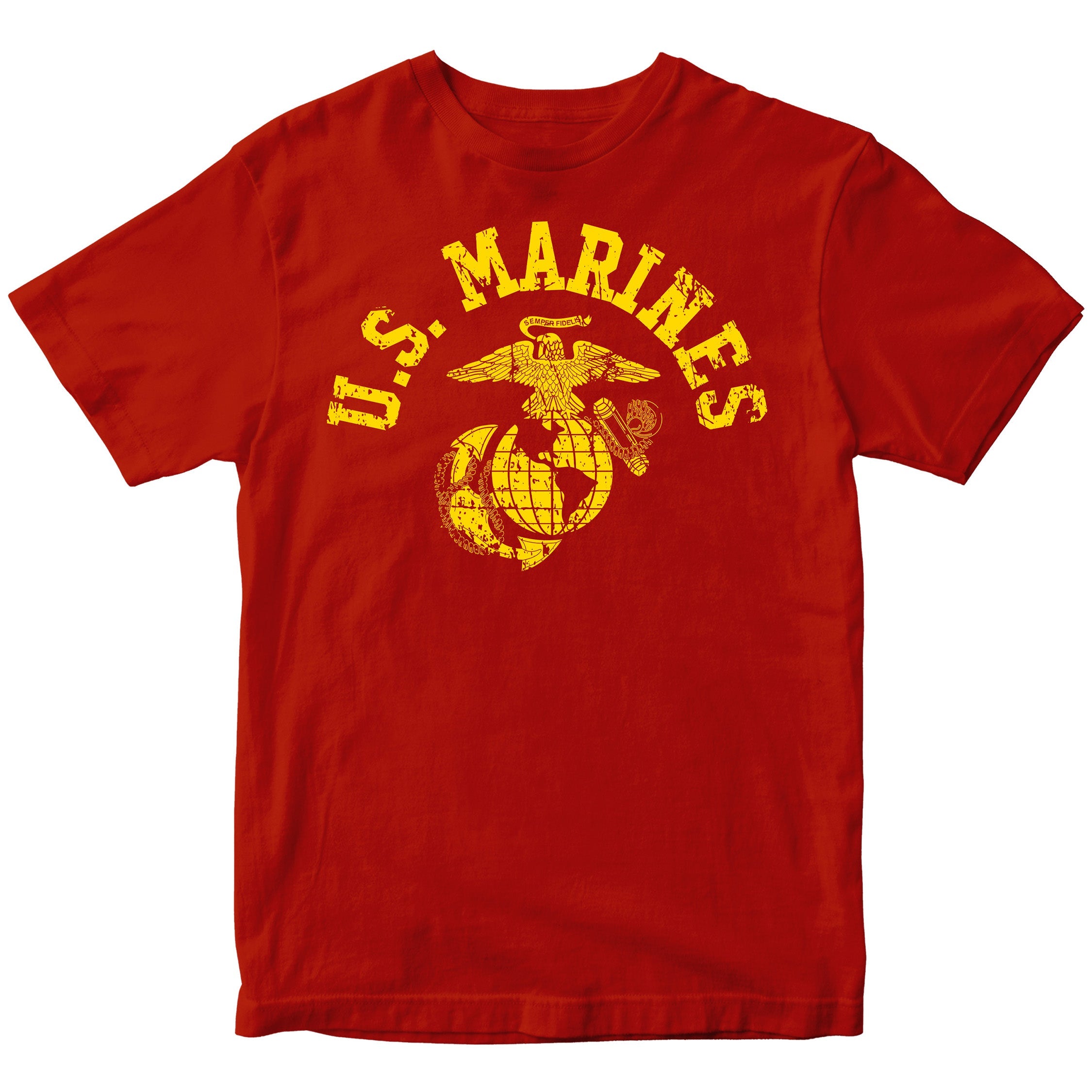 Red & Gold U.S. Marines T-shirt with large full-front vintage ‘U.S. Marines’ arch and Eagle, Globe, and Anchor emblem. USMC Tee