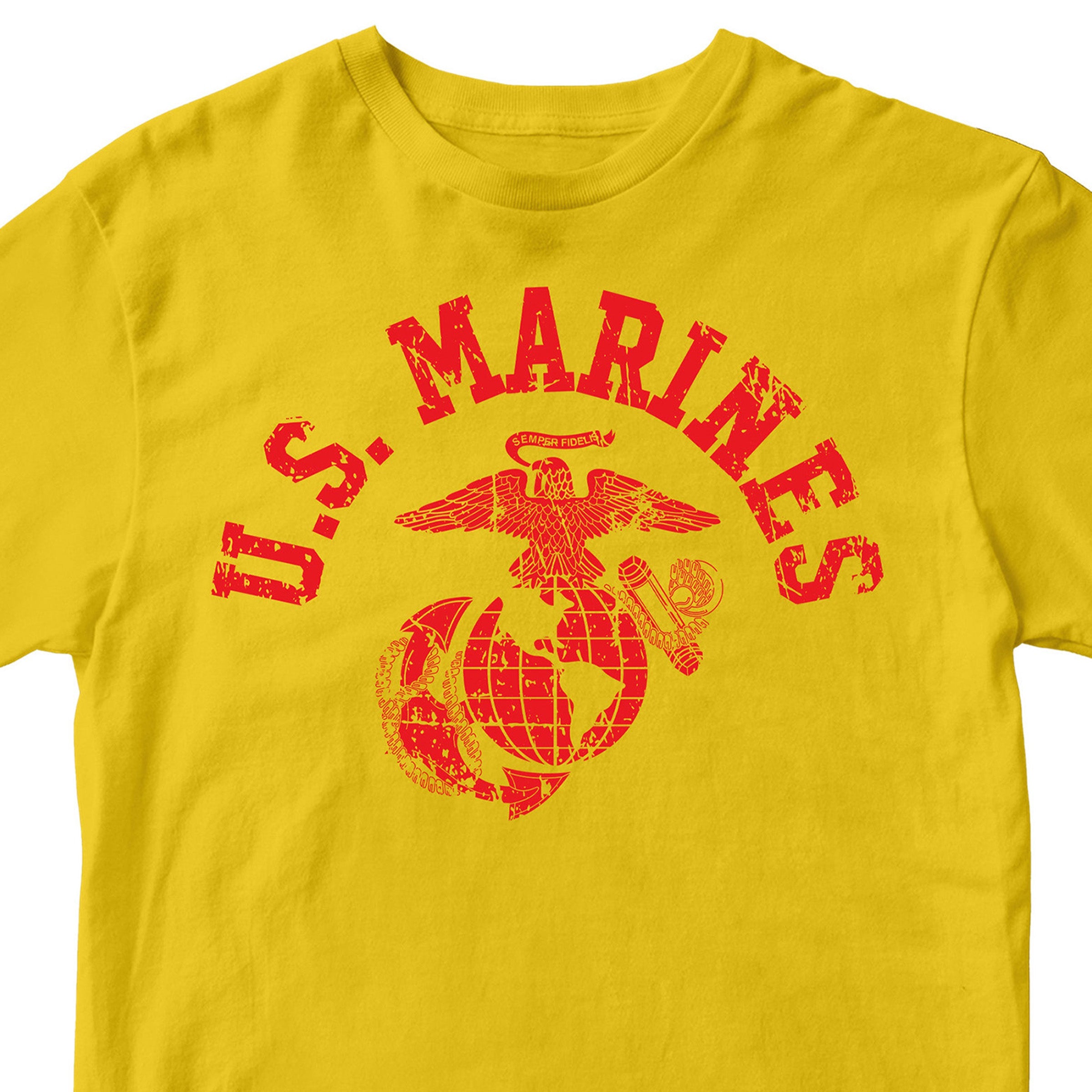 Gold & Red U.S. Marines T-shirt with large full-front vintage ‘U.S. Marines’ arch and Eagle, Globe, and Anchor emblem. USMC Tee