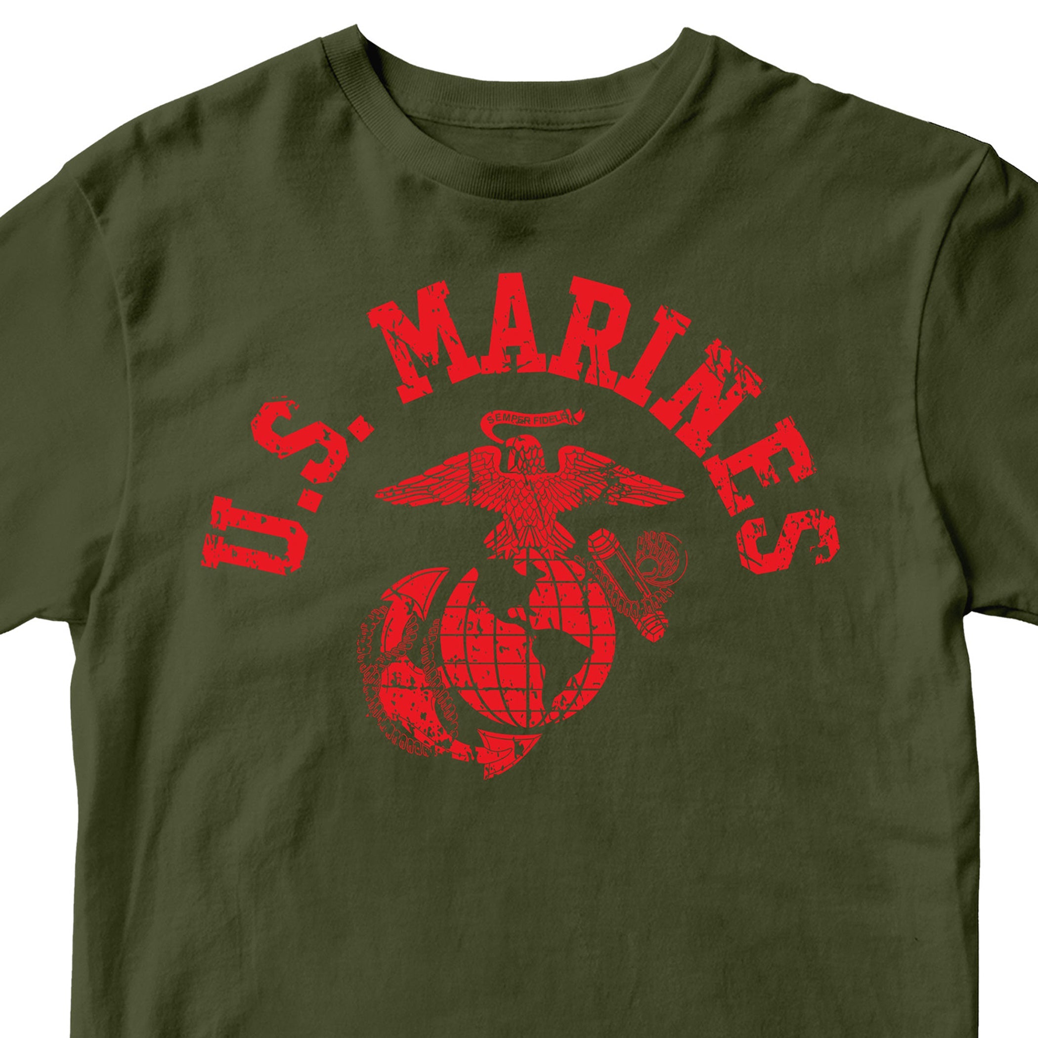 Green & Red U.S. Marines T-shirt with large full-front vintage ‘U.S. Marines’ arch and Eagle, Globe, and Anchor emblem. USMC Tee