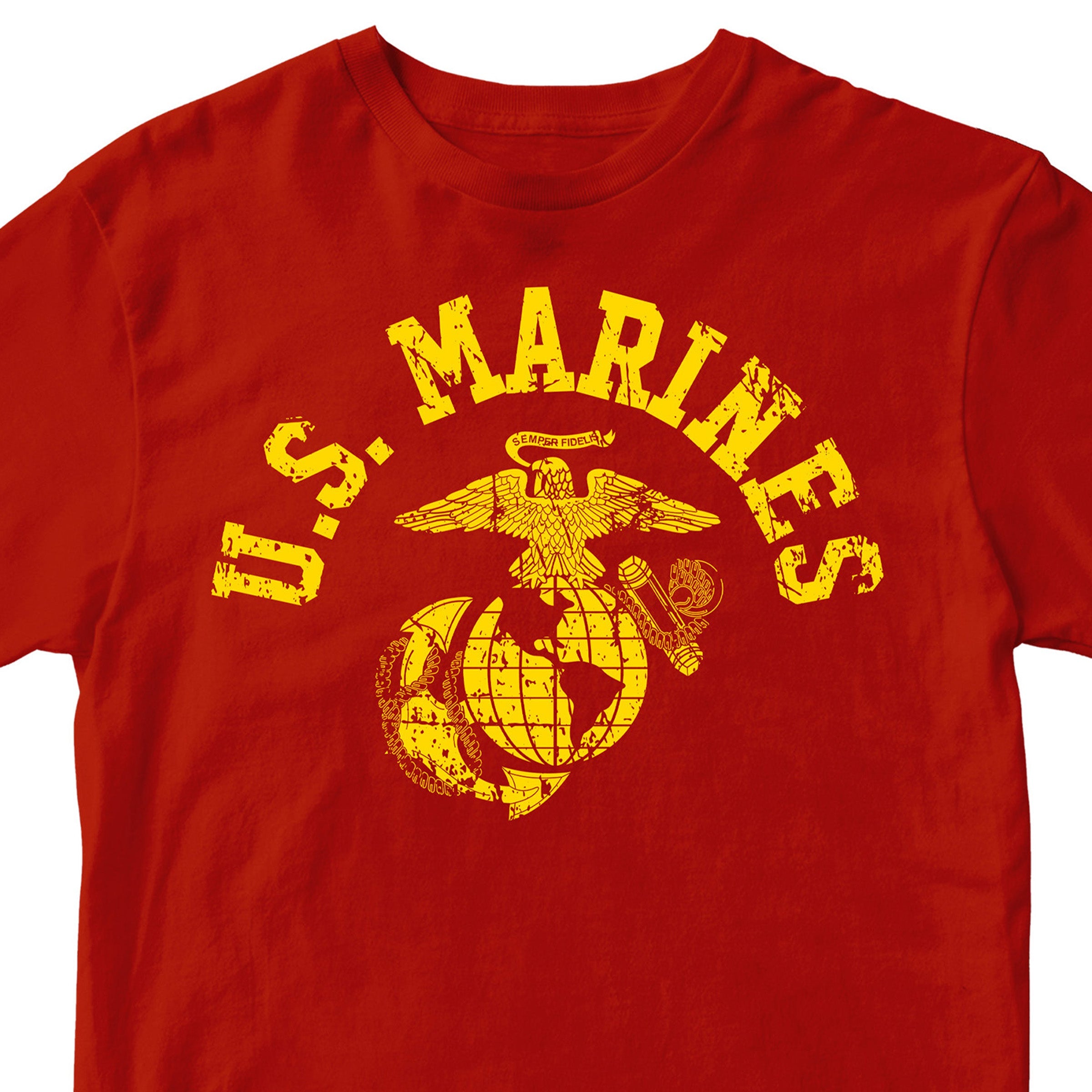 Red & Gold U.S. Marines T-shirt with large full-front vintage ‘U.S. Marines’ arch and Eagle, Globe, and Anchor emblem. USMC Tee