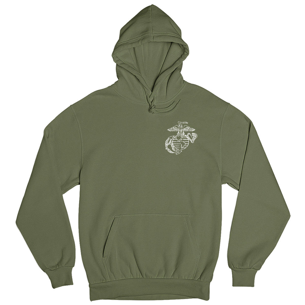 Green USMC hoodie with front-left chest Eagle, Globe, and Anchor emblem