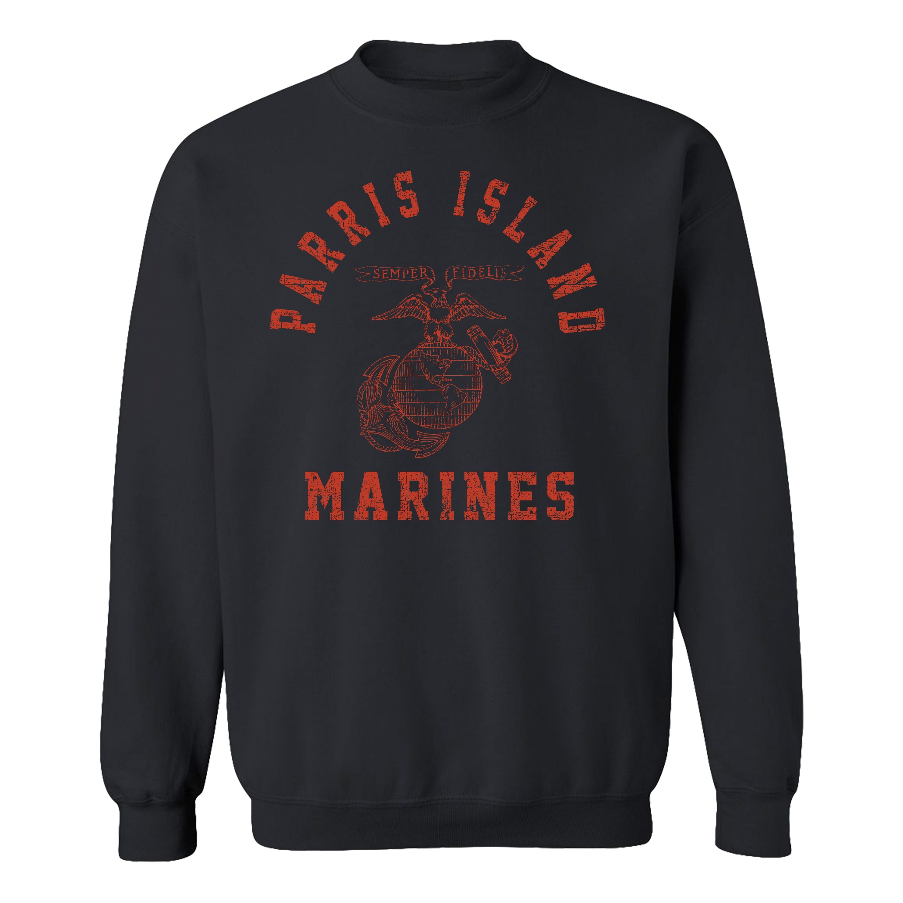 USMC black sweatshirt with distressed red print featuring 'Parris Island' arched above the Eagle, Globe, and Anchor emblem, and 'Marines' text below—designed in the style of vintage Marine Corps training shirts from MCRD Parris Island.