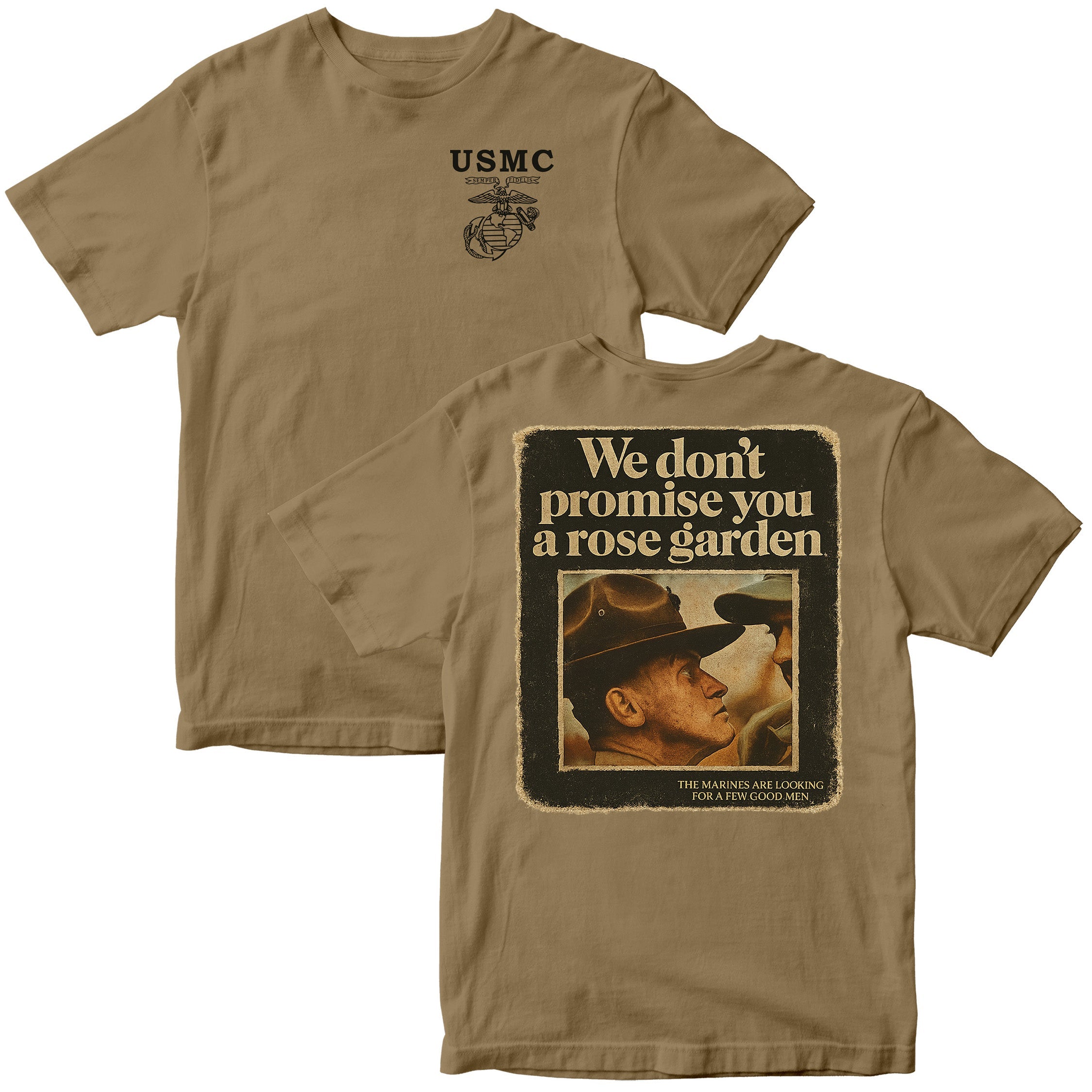 Brown USMC t-shirt featuring a vintage Marine Corps poster on the back with the slogan 'We don't promise you a rose garden' and an image of a drill instructor. The front has 'USMC' and the official Eagle, Globe, and Anchor emblem.
