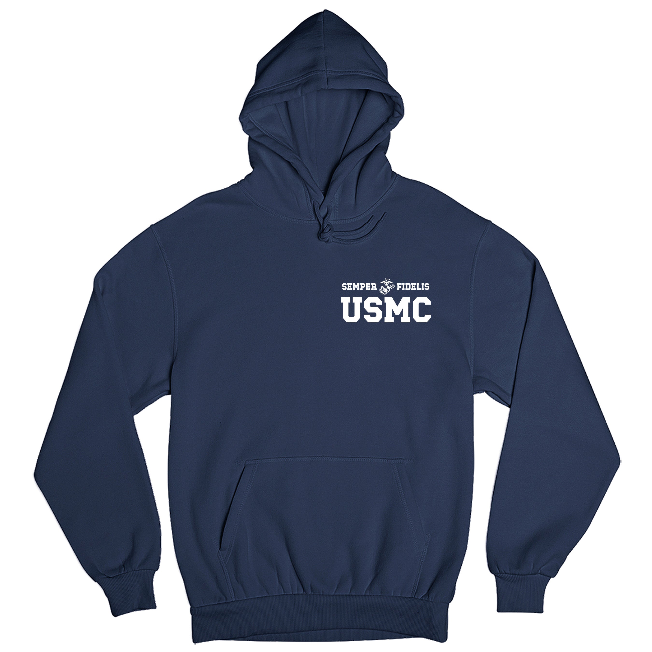 Navy USMC hoodie with Semper Fidelis and Eagle Globe Anchor design
