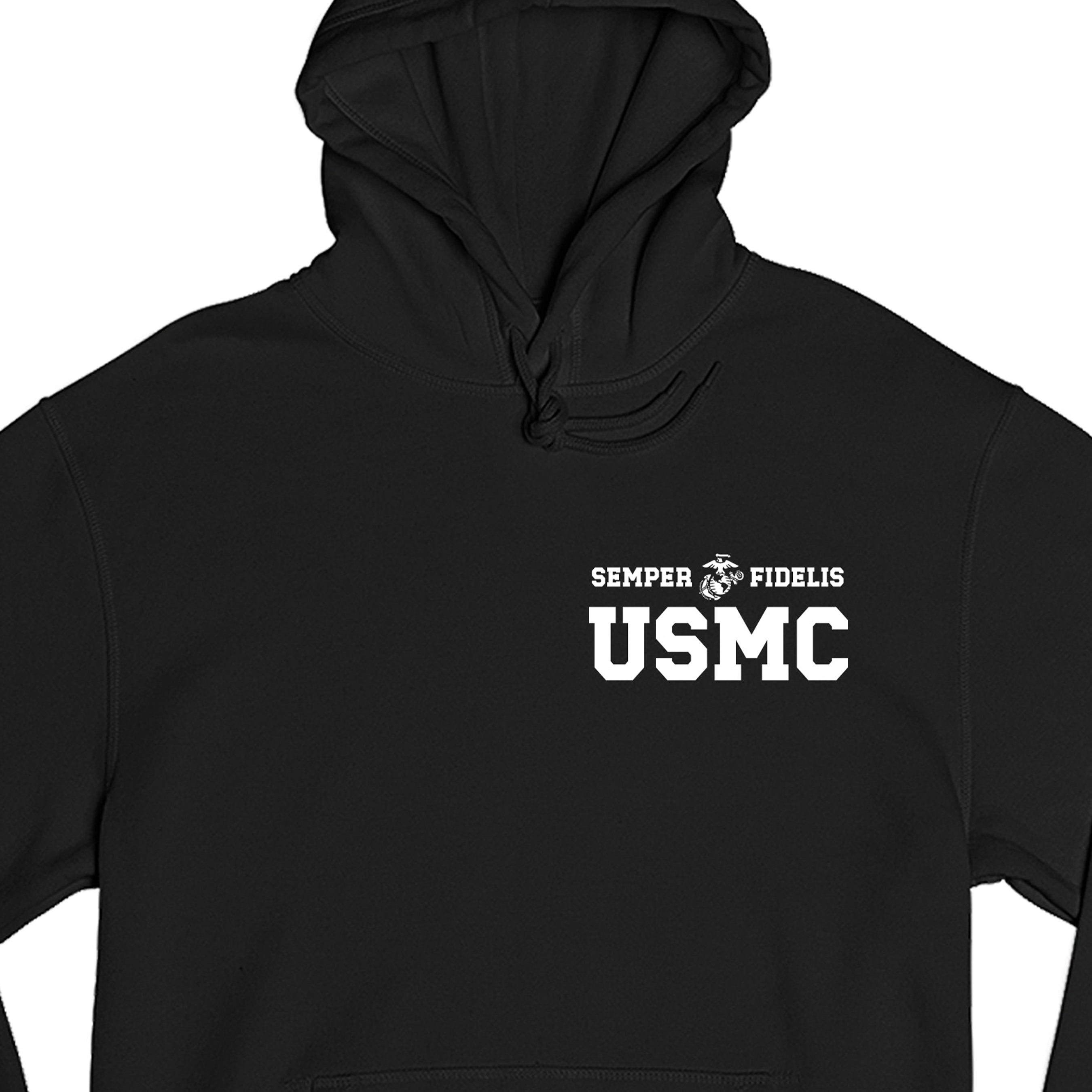 Black USMC hoodie with Semper Fidelis and Eagle Globe Anchor design