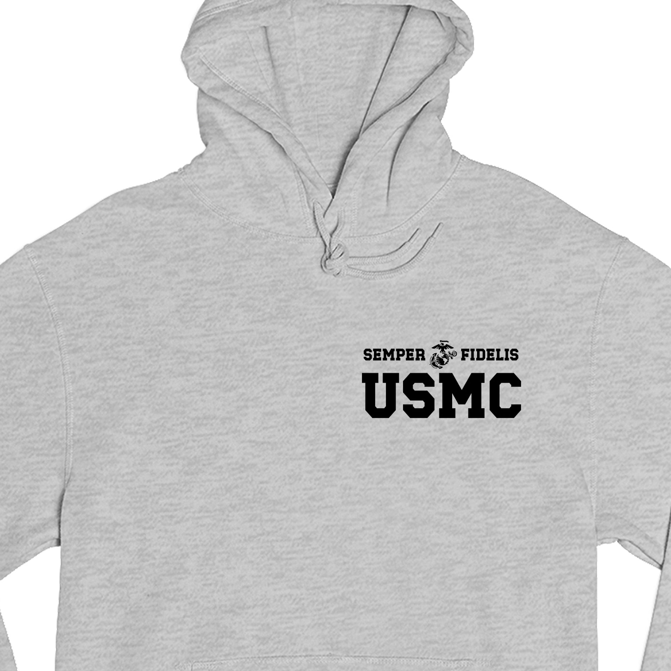 Gray USMC hoodie with Semper Fidelis and Eagle Globe Anchor design