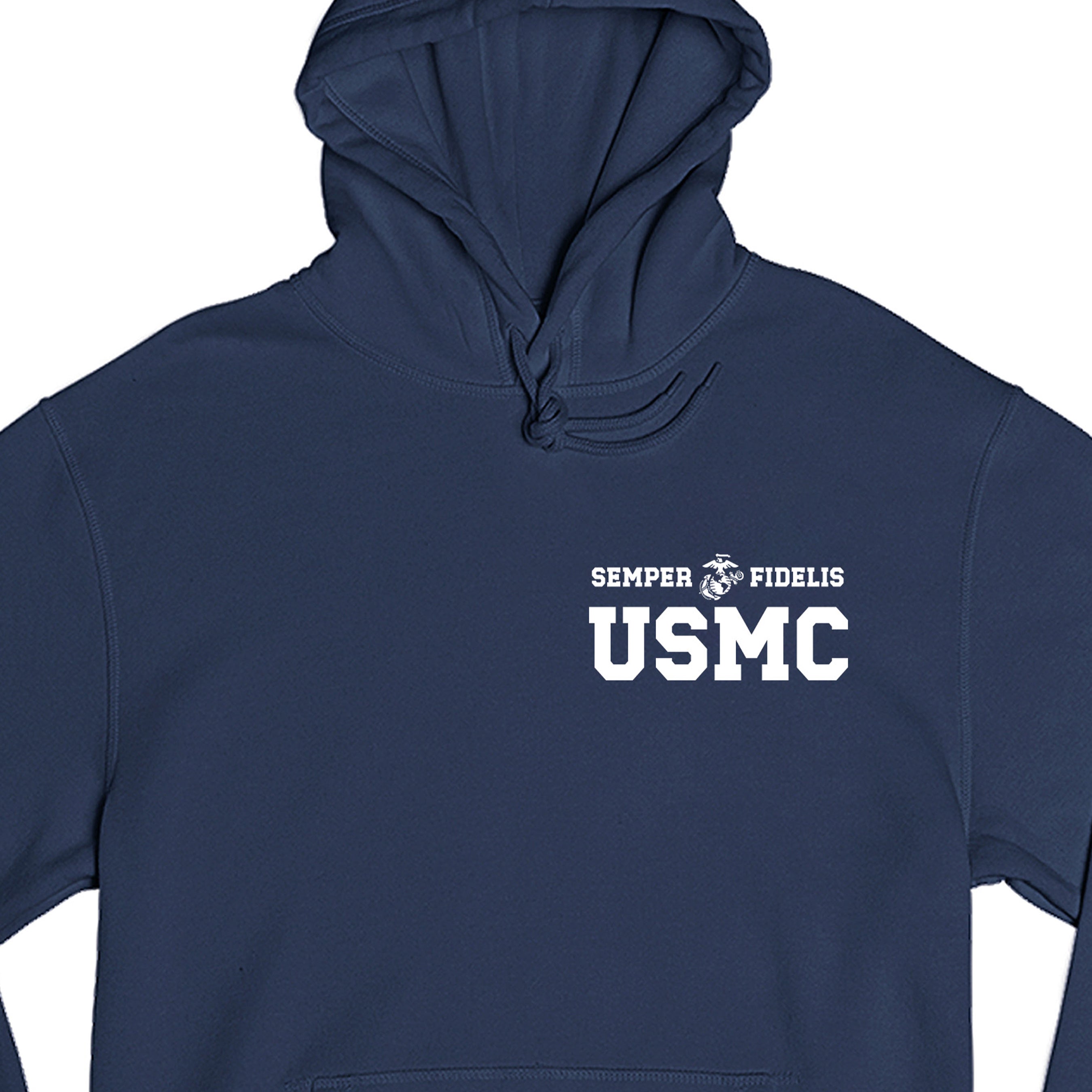 Navy USMC hoodie with Semper Fidelis and Eagle Globe Anchor design