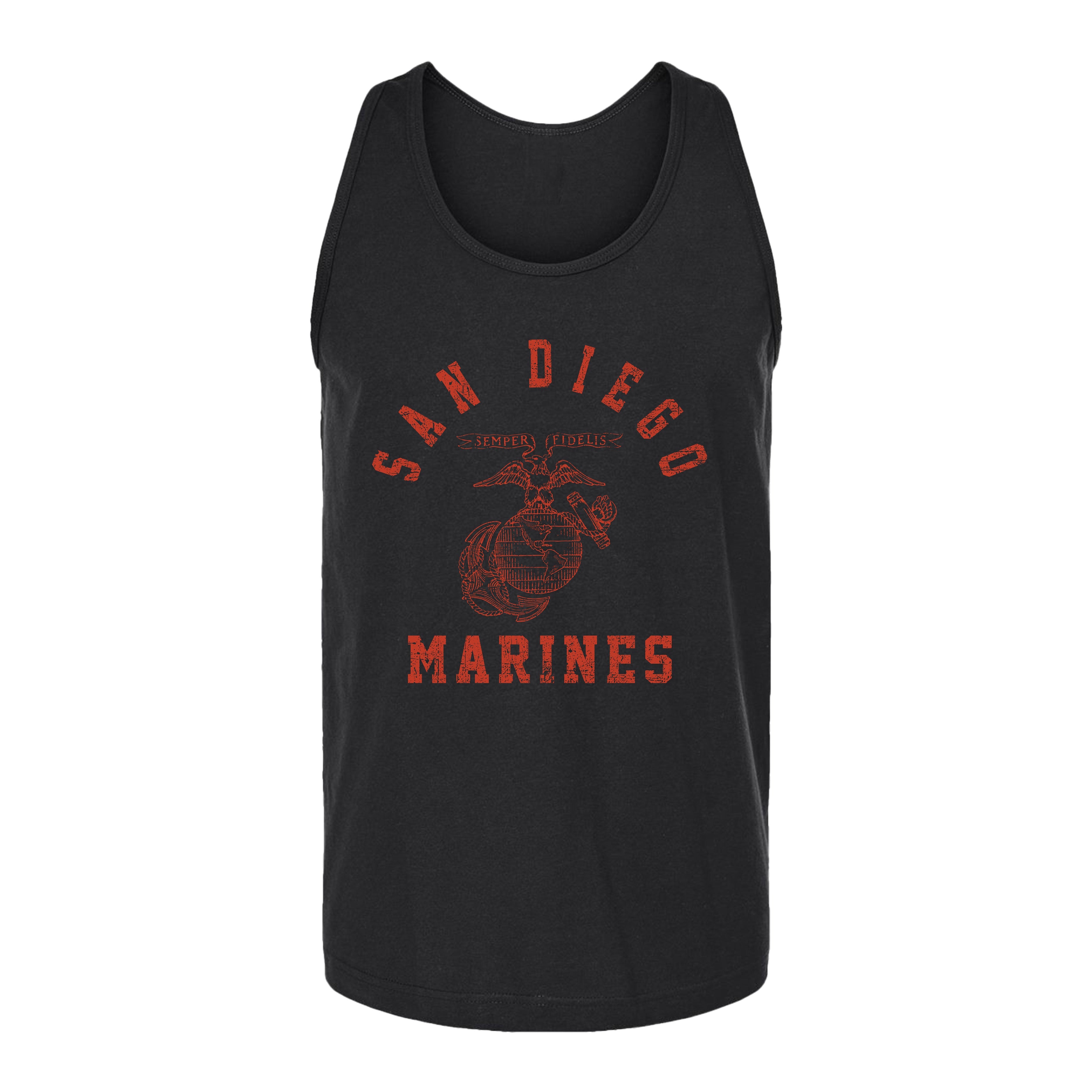 Black USMC Old School San Diego Training Tank featuring distressed red Marines text and Eagle, Globe, and Anchor artwork on the front.