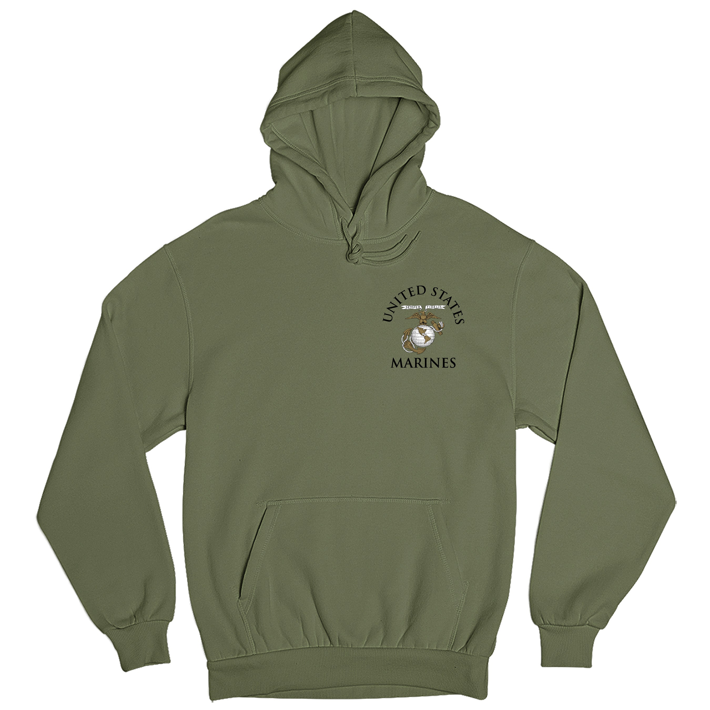 Green Marine Corps Hoodie featuring United States Marines text and EGA emblem chest seal