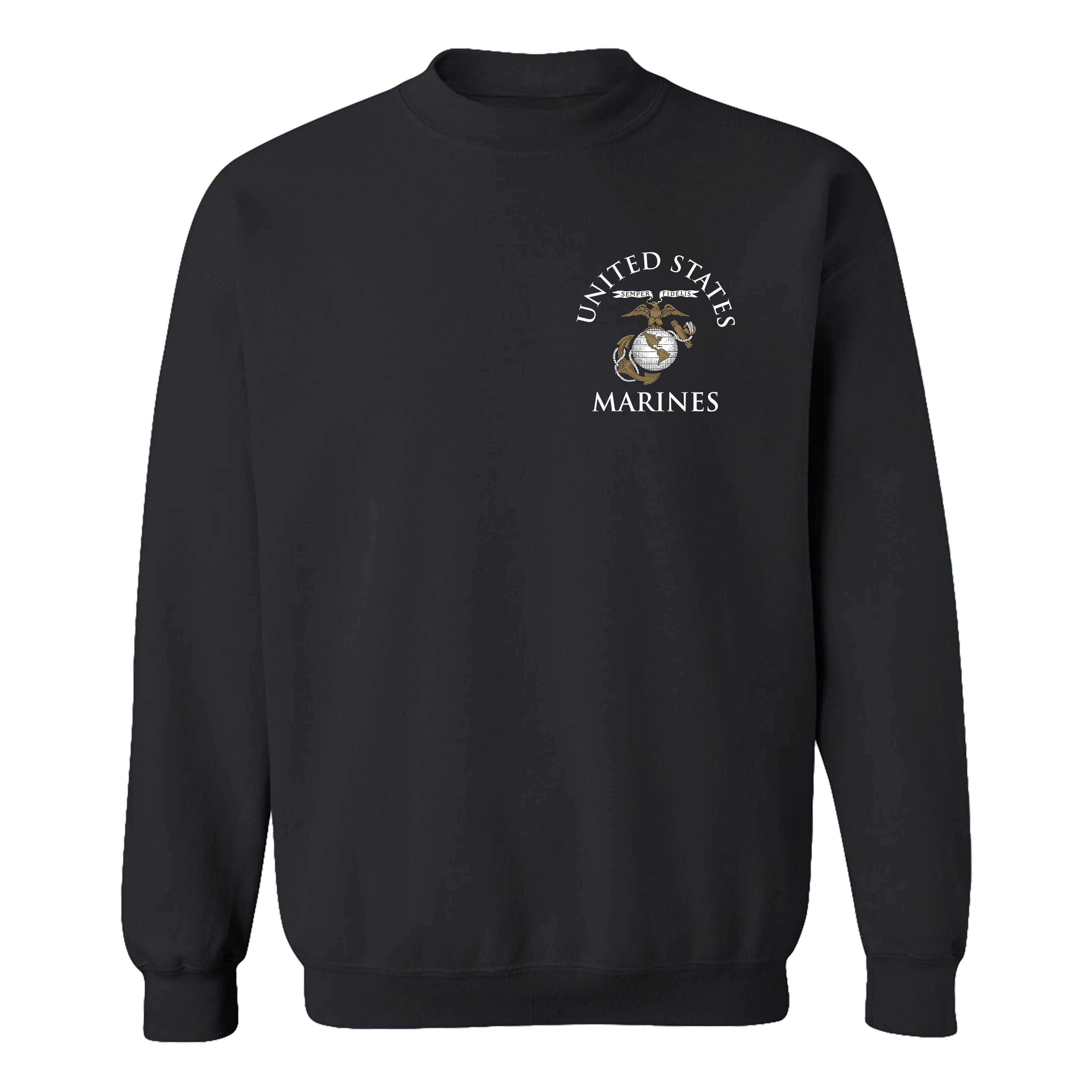 Black Marine Corps sweatshirt featuring United States Marines text and EGA emblem chest seal