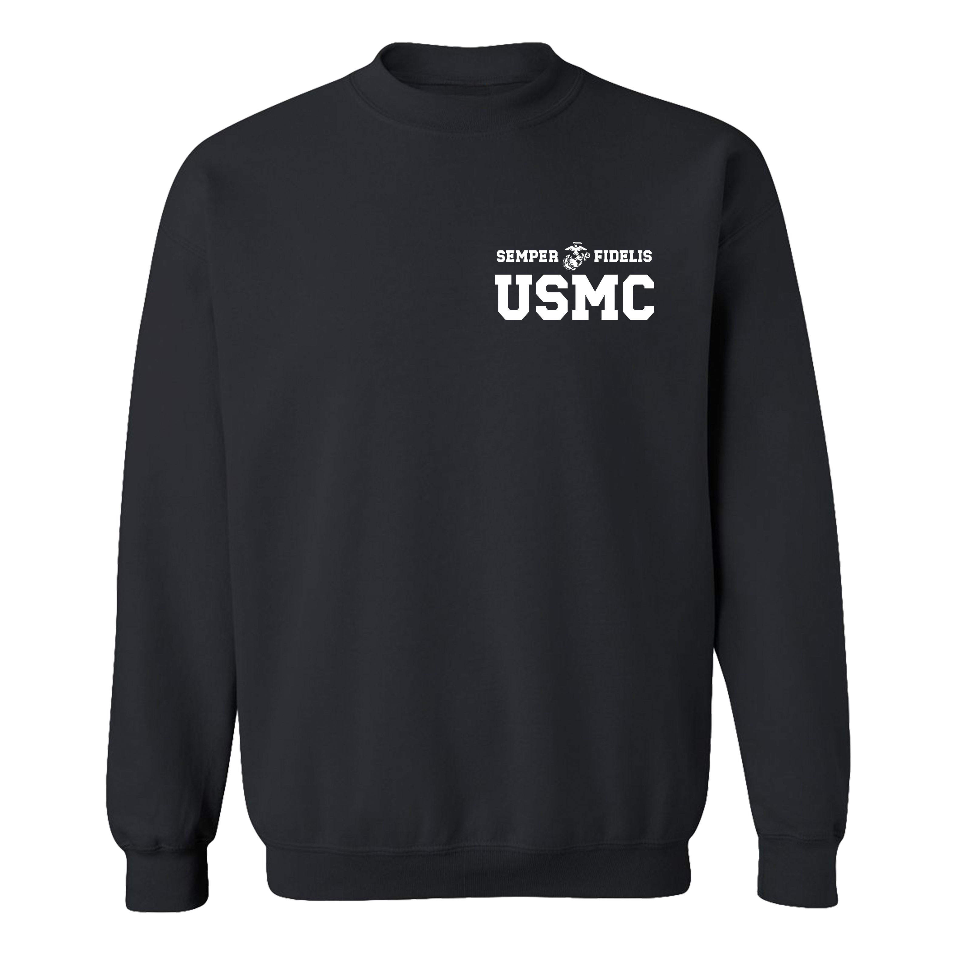 Black USMC sweatshirt with Semper Fidelis and Eagle Globe Anchor design