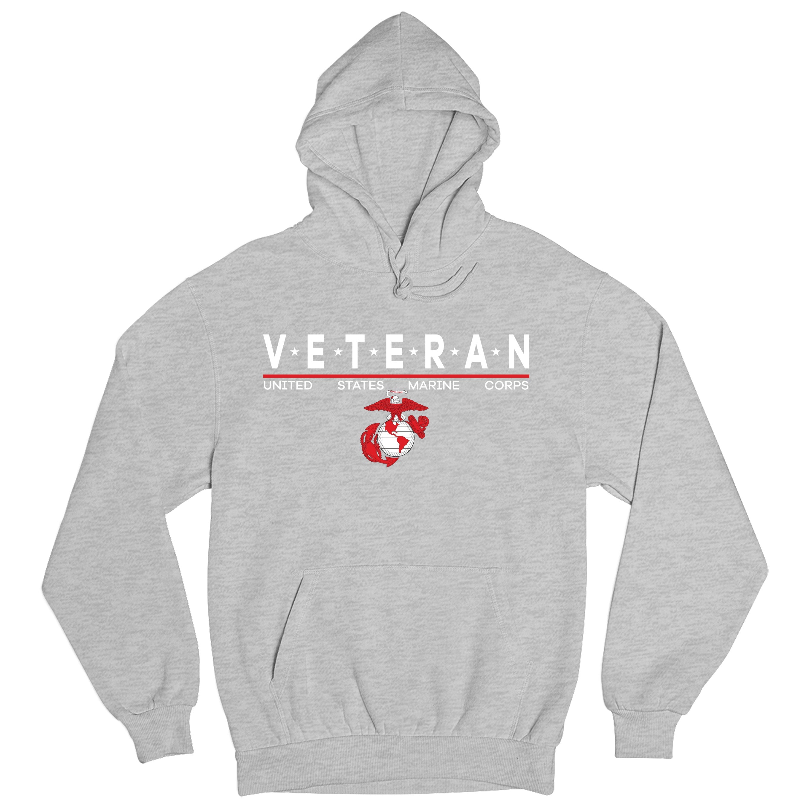 Grey USMC Veteran Hoodie with star-accented ‘VETERAN’ text and Eagle, Globe and Anchor emblem.