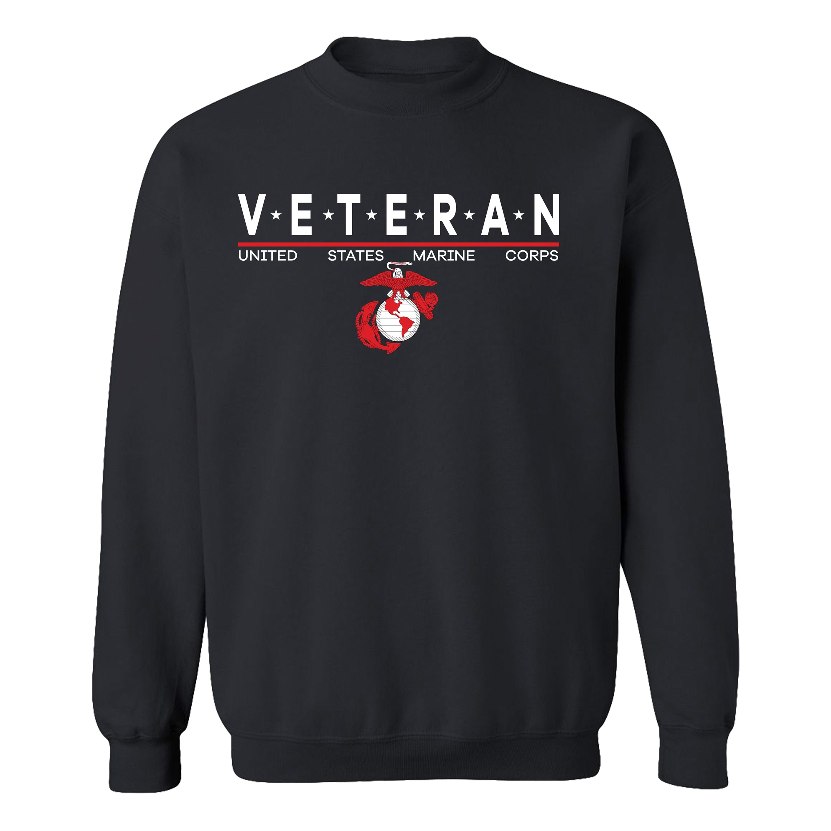 Black USMC Veteran Sweatshirt with star-accented ‘VETERAN’ text and Eagle, Globe and Anchor emblem.