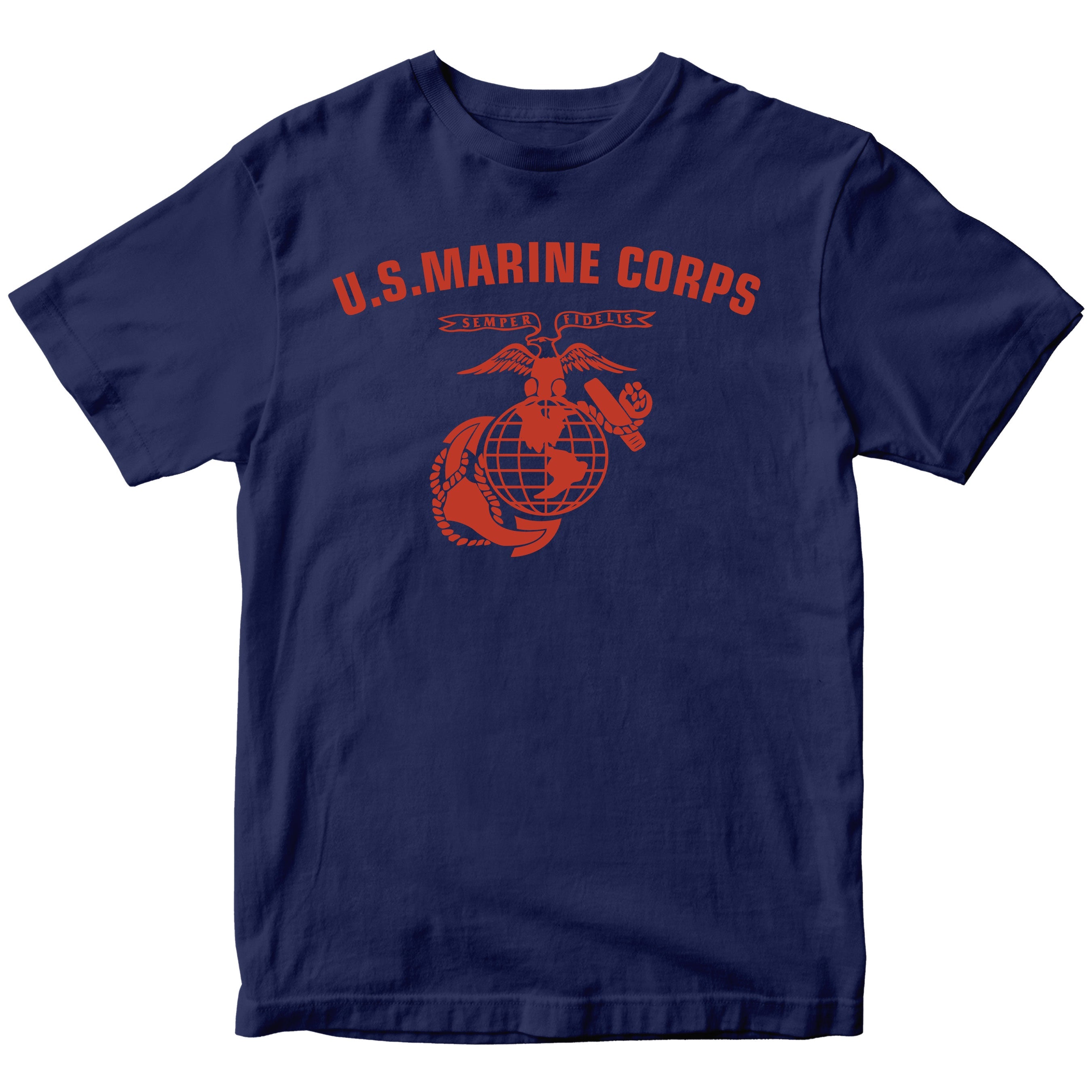 Navy & Red U.S. Marines T-shirt with large full-front ‘U.S. Marine Corps’ arch and Eagle, Globe, and Anchor emblem. USMC Tee