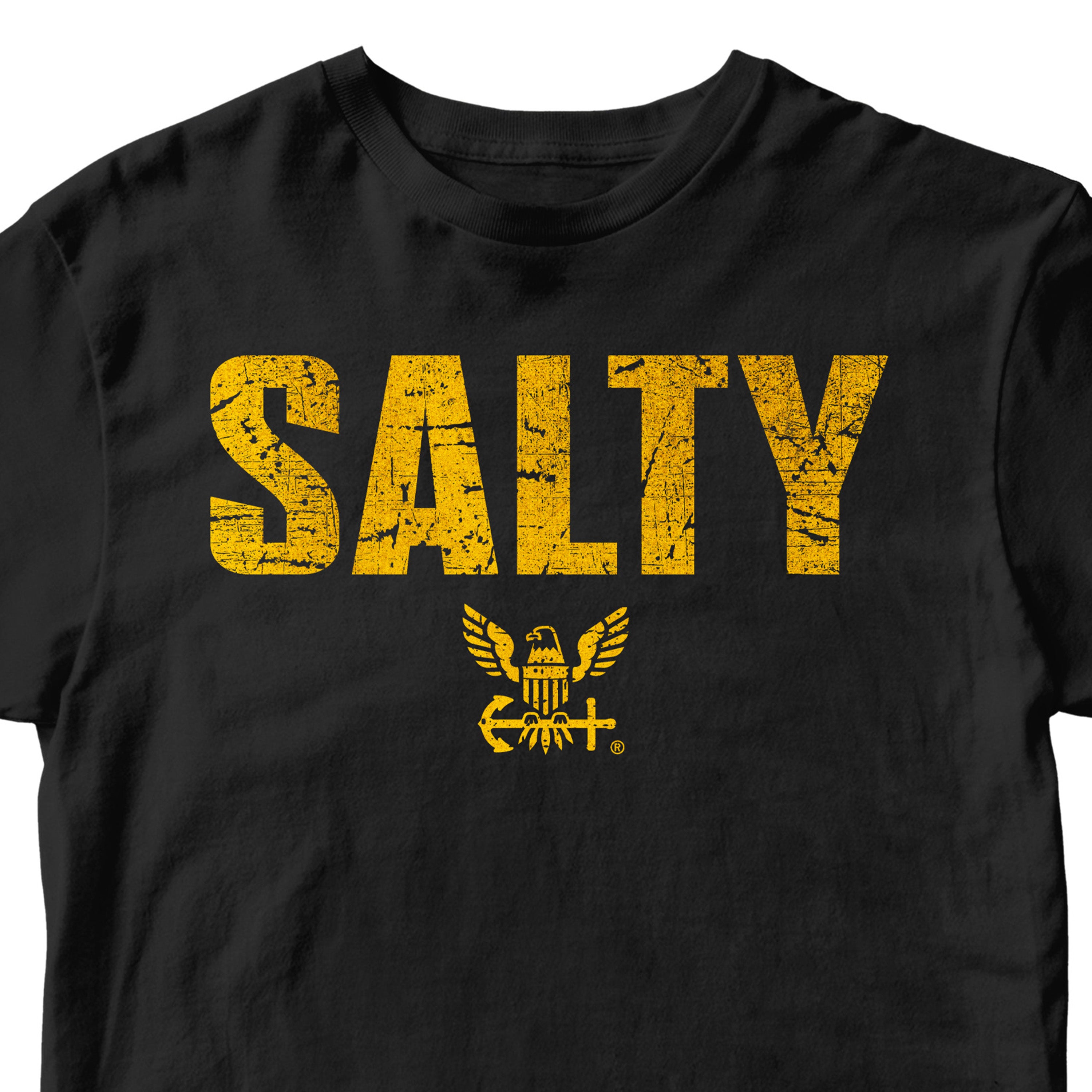 Black U.S. Navy Salty Tee with distressed gold SALTY lettering and Navy eagle emblem