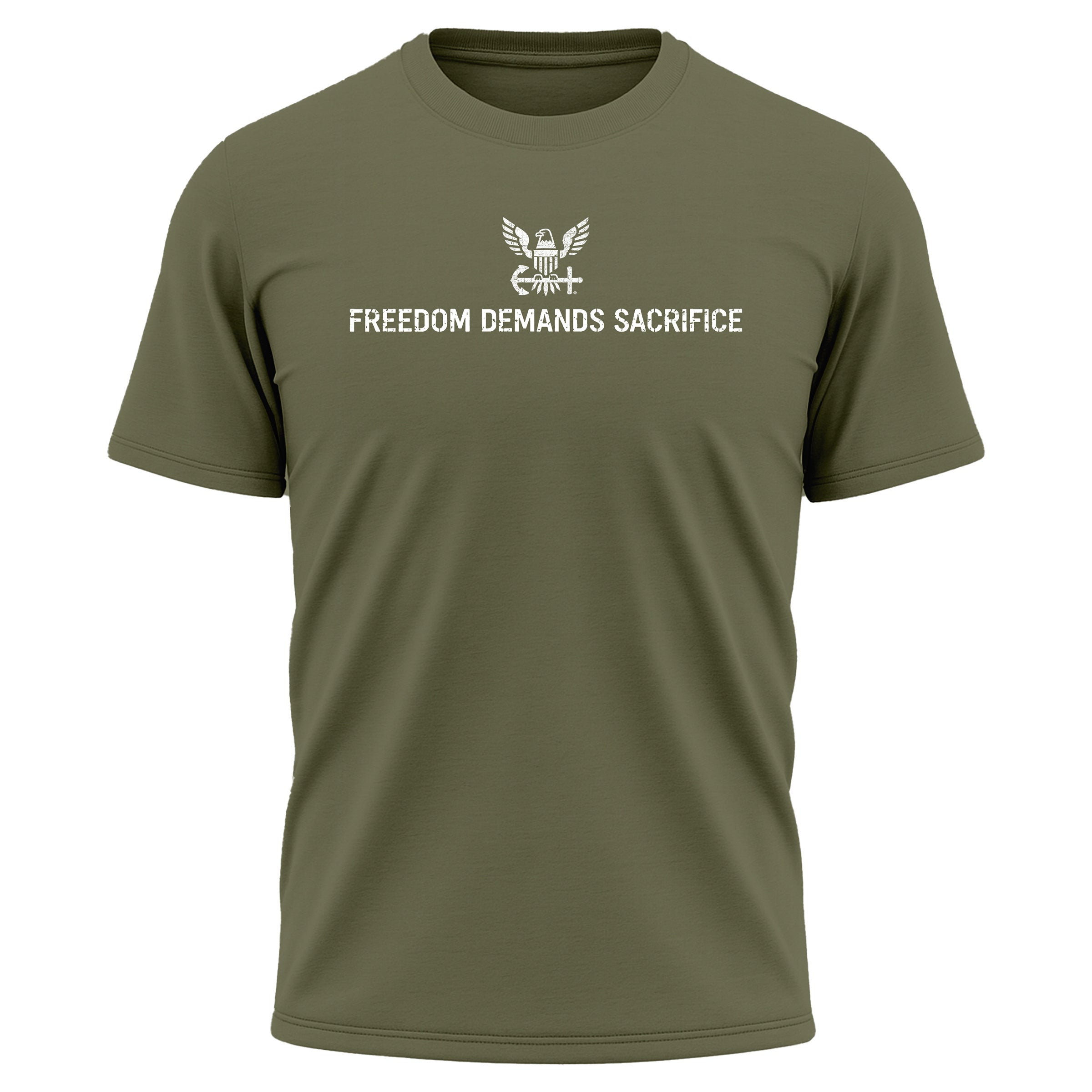 U.S. Navy T-shirt with Freedom Demands Sacrifice graphic. U.S. Navy patriotic T-shirt for Memorial Day and 4th of July