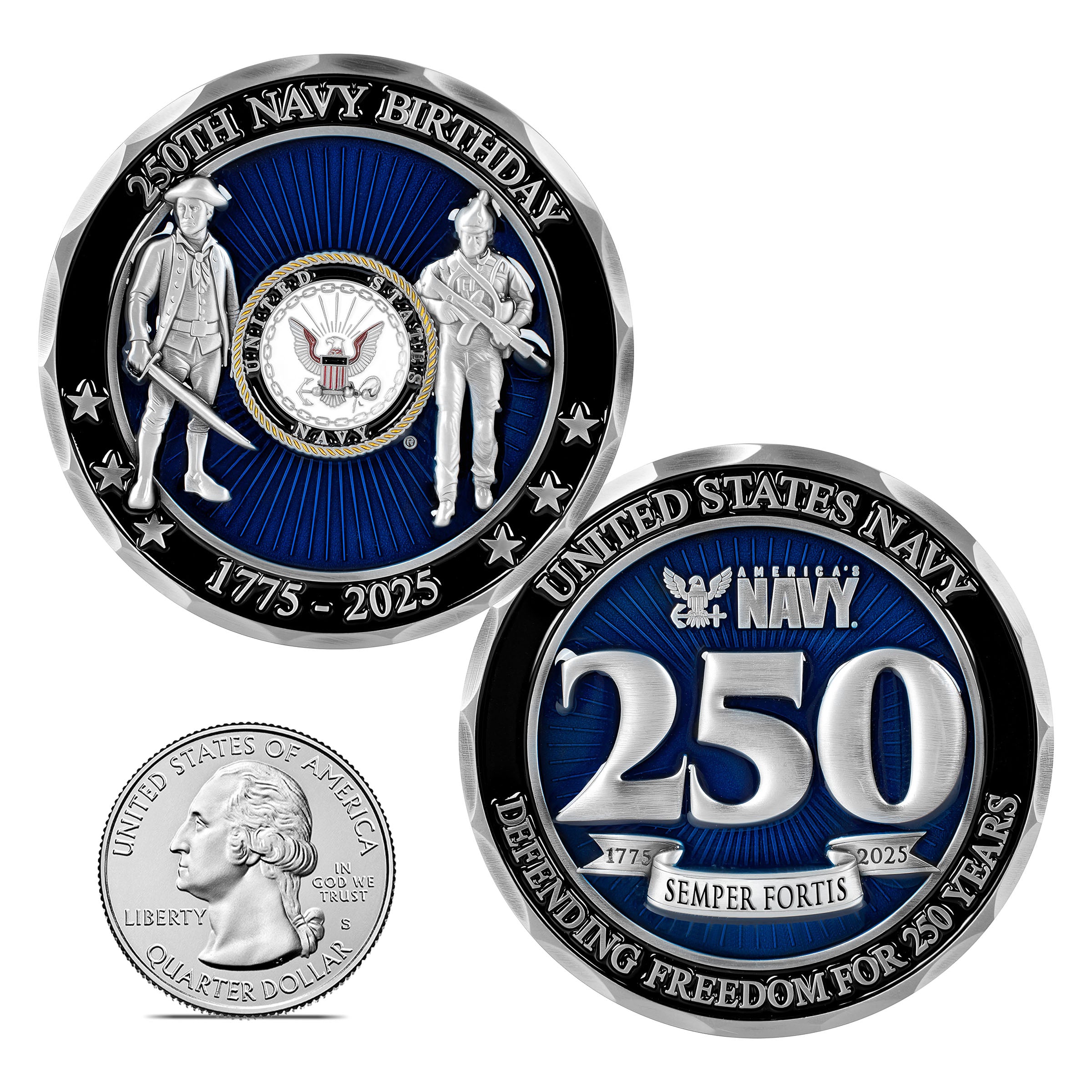 United States Navy 250th Birthday commemorative coin with navy emblem and text.