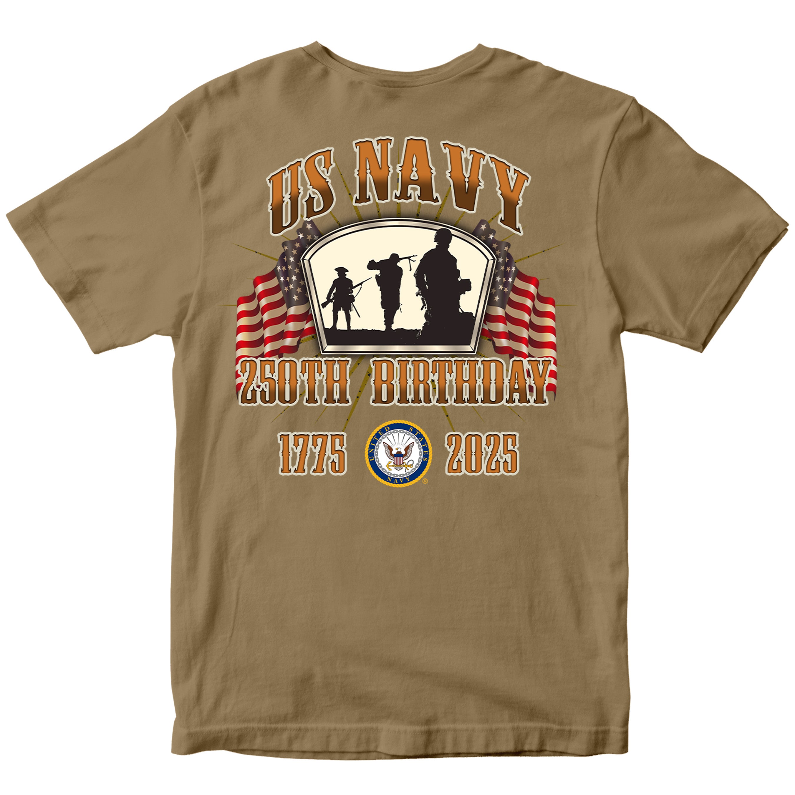 US Navy 250th Birthday t-shirt back design featuring silhouettes of sailors, American flags, Navy emblem, and bold text 'US Navy 250th Birthday 1775–2025' in patriotic style.