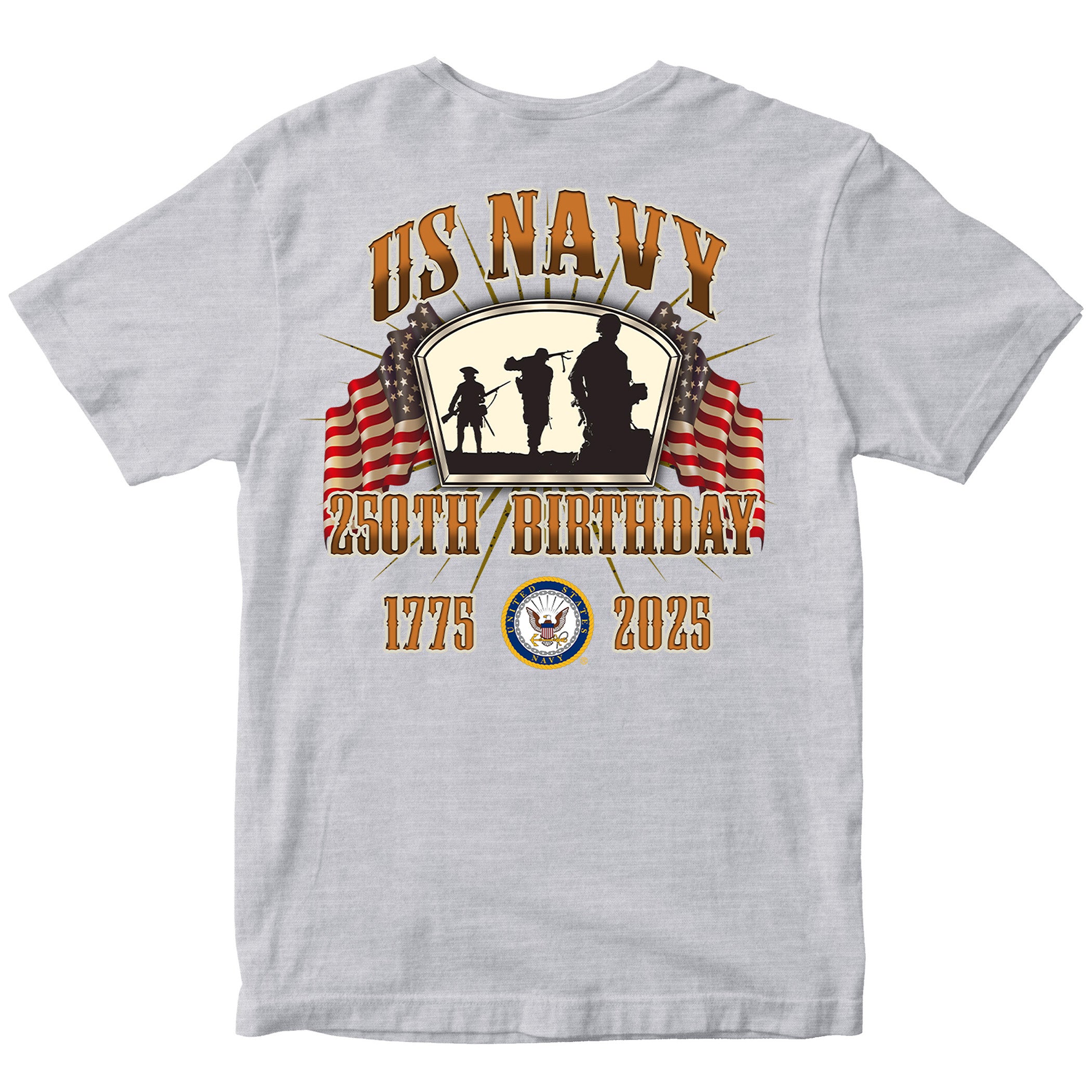 US Navy 250th Birthday t-shirt back design featuring silhouettes of sailors, American flags, Navy emblem, and bold text 'US Navy 250th Birthday 1775–2025' in patriotic style.
