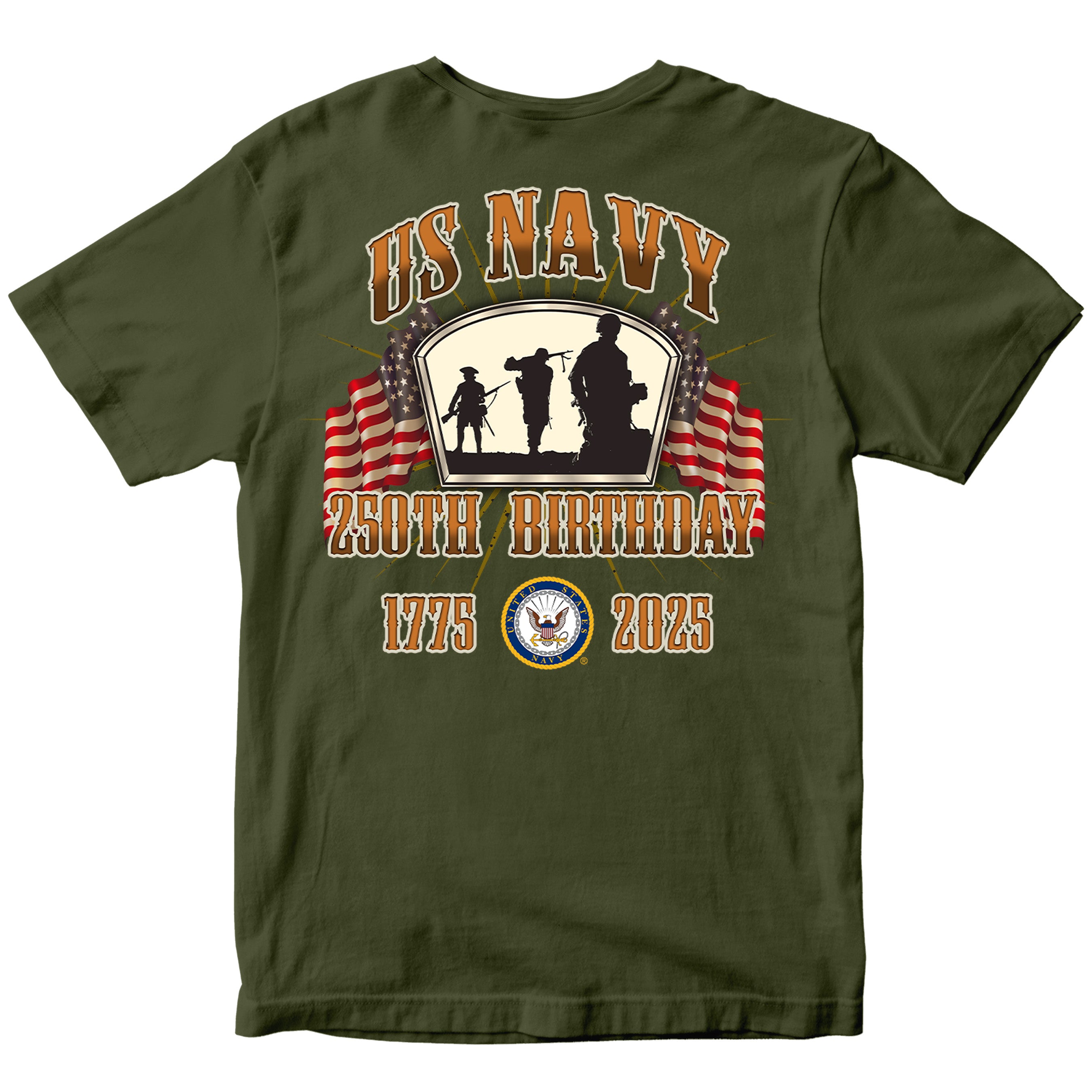US Navy 250th Birthday t-shirt back design featuring silhouettes of sailors, American flags, Navy emblem, and bold text 'US Navy 250th Birthday 1775–2025' in patriotic style.