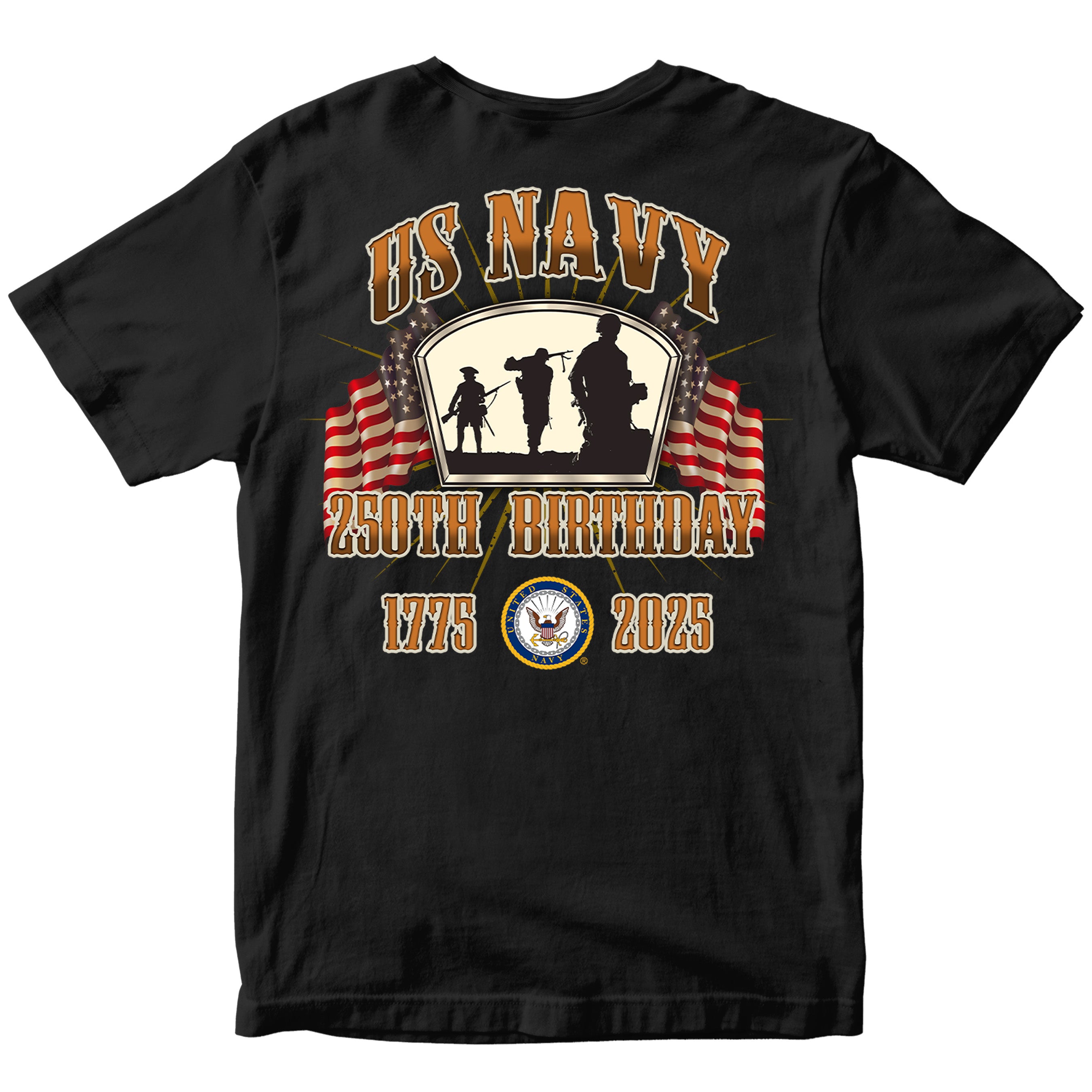 US Navy 250th Birthday t-shirt back design featuring silhouettes of sailors, American flags, Navy emblem, and bold text 'US Navy 250th Birthday 1775–2025' in patriotic style.