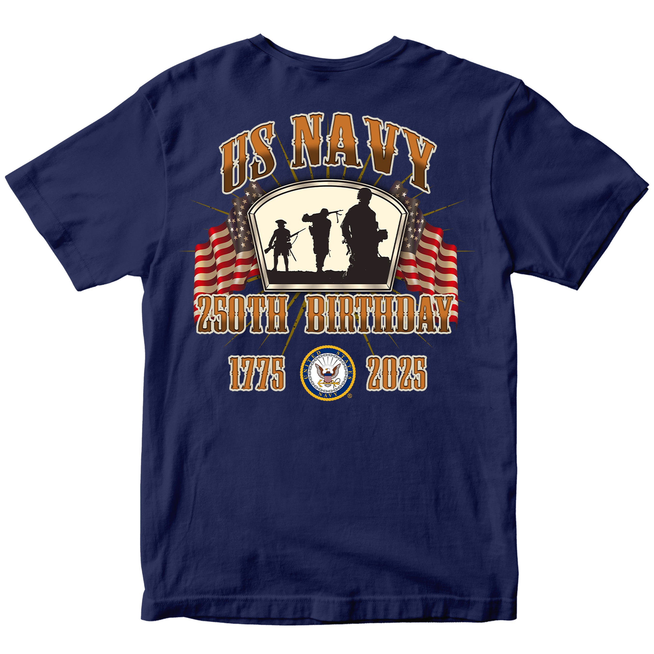US Navy 250th Birthday t-shirt back design featuring silhouettes of sailors, American flags, Navy emblem, and bold text 'US Navy 250th Birthday 1775–2025' in patriotic style.