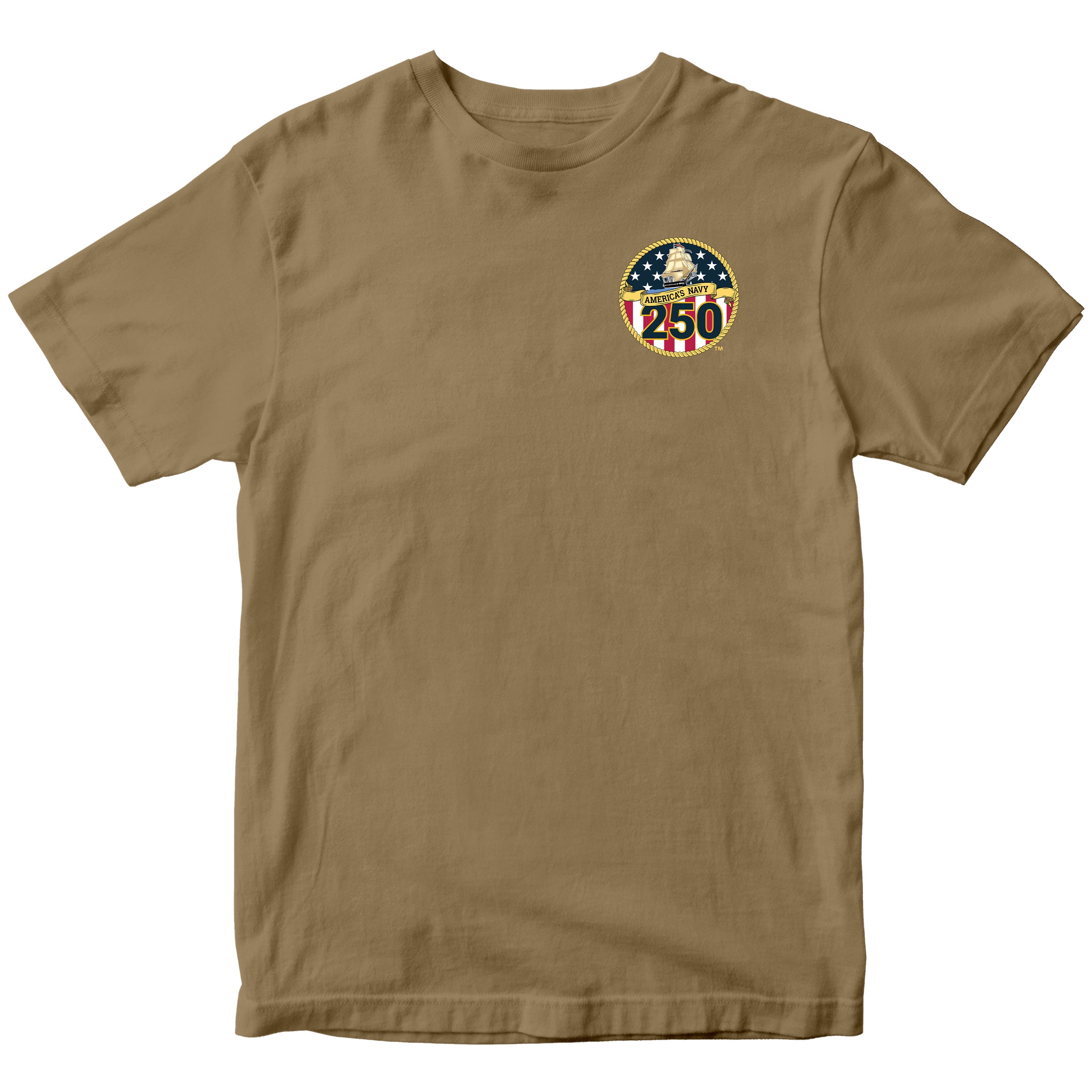 US Navy 250th Birthday t-shirt with front-left chest emblem featuring patriotic shield, anchor, and text 'America’s Navy 250' surrounded by gold rope border and stars