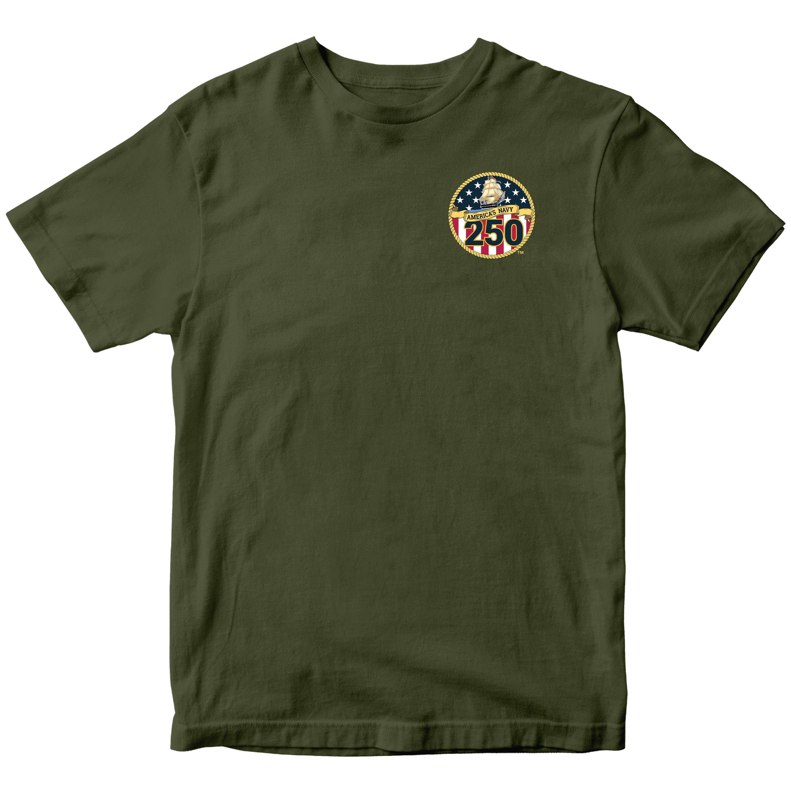 US Navy 250th Birthday t-shirt with front-left chest emblem featuring patriotic shield, anchor, and text 'America’s Navy 250' surrounded by gold rope border and stars