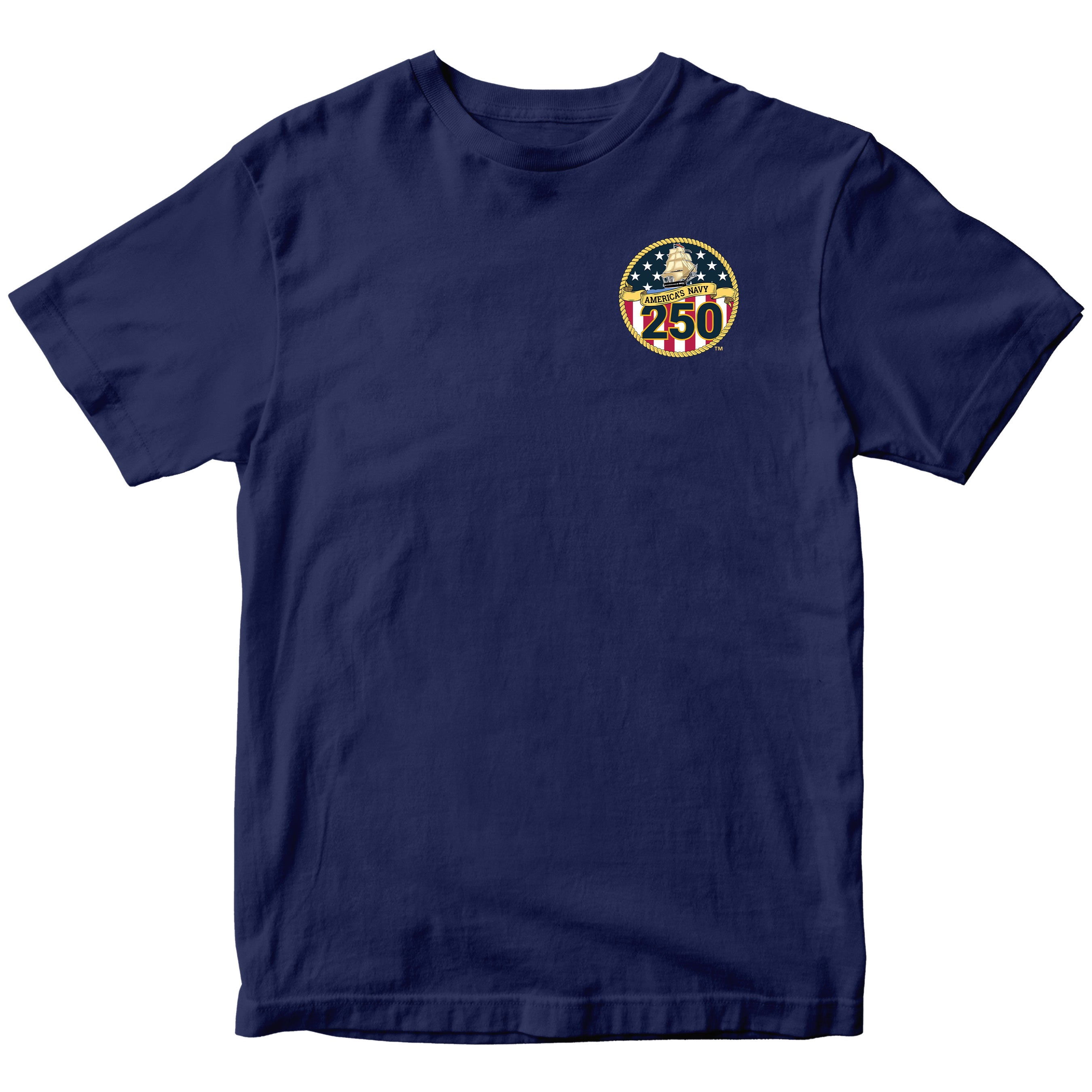 US Navy 250th Birthday t-shirt with front-left chest emblem featuring patriotic shield, anchor, and text 'America’s Navy 250' surrounded by gold rope border and stars