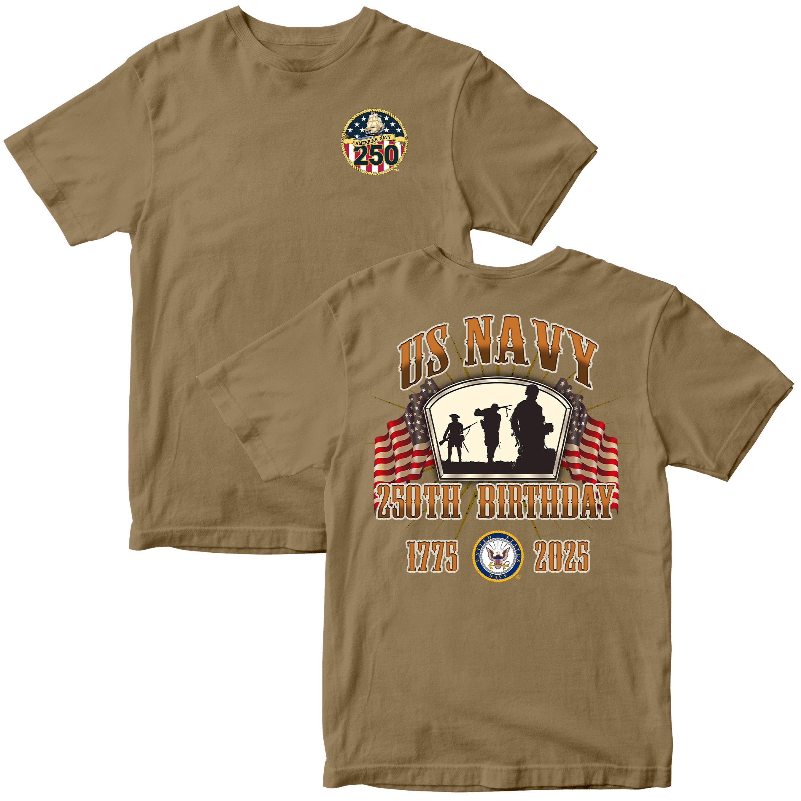 US Navy 250th Birthday t-shirt with front chest 250th anniversary emblem and back design featuring sailor silhouettes, American flags, Navy emblem, and bold text 'US Navy 250th Birthday 1775–2025