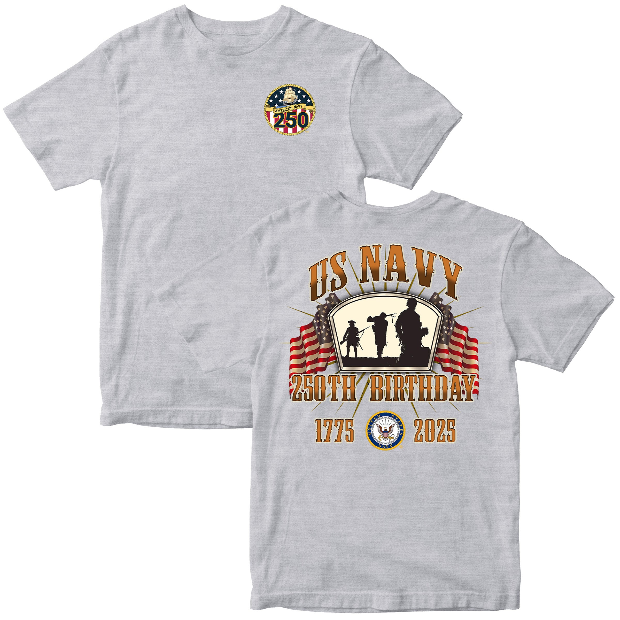 US Navy 250th Birthday t-shirt with front chest 250th anniversary emblem and back design featuring sailor silhouettes, American flags, Navy emblem, and bold text 'US Navy 250th Birthday 1775–2025