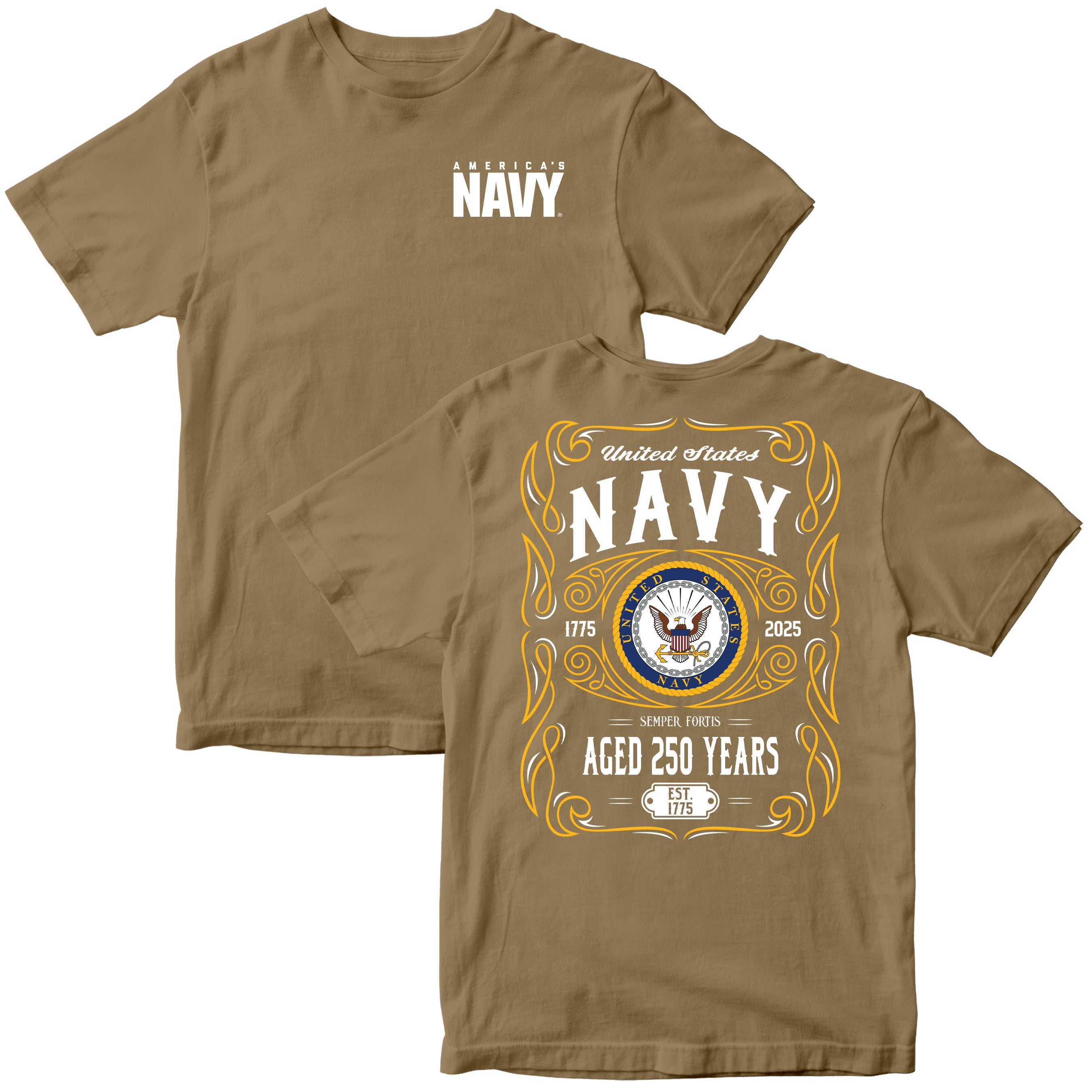 Brown short-sleeve tee with a vintage-style gold and white graphic commemorating the United States Navy’s 250th anniversary (1775–2025), featuring the Navy seal, the motto “Semper Fortis,” and ornate scrollwork.